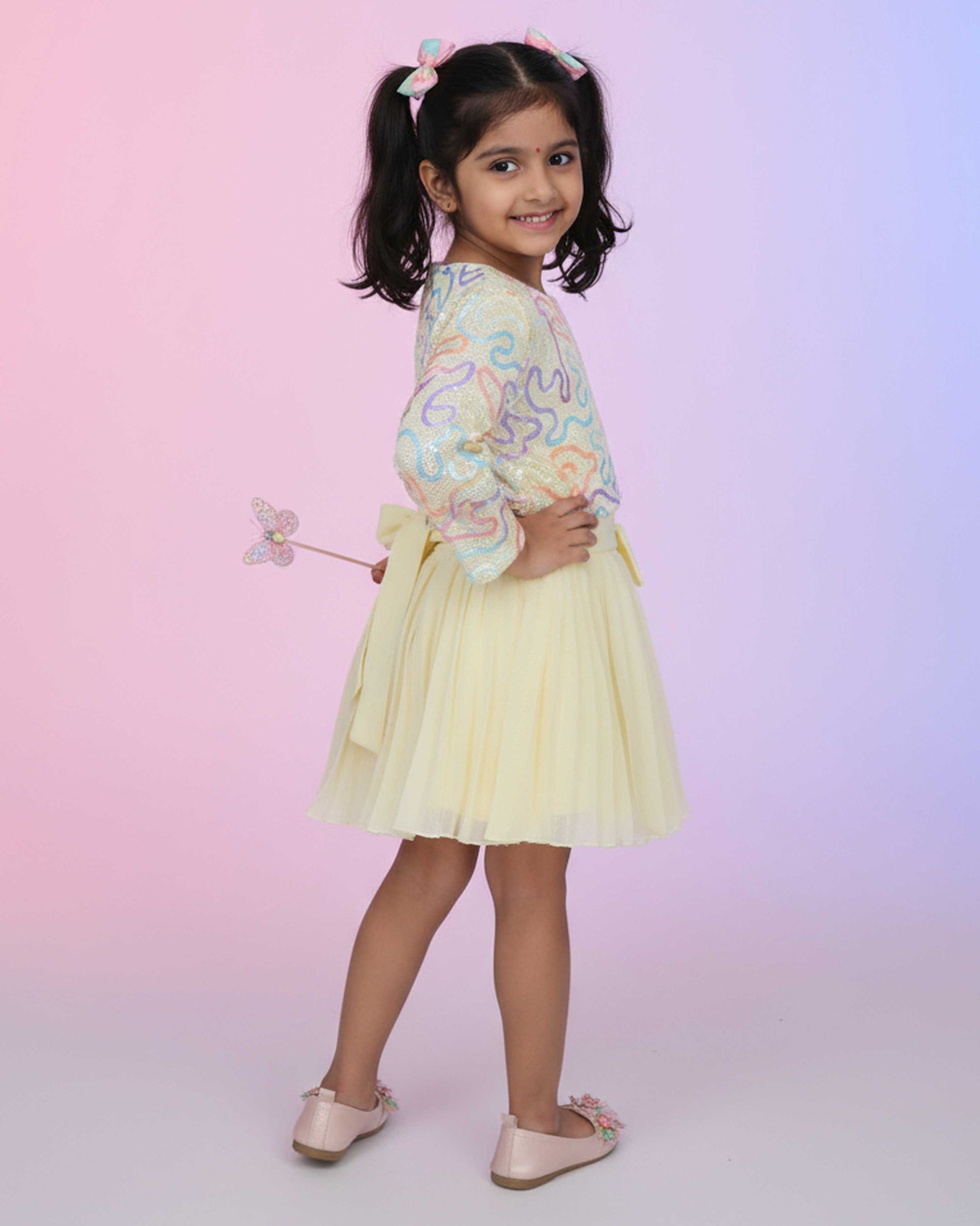 Elegant Kids' Pleated Frock with Floral Sequin Jacket - Yellow-Side