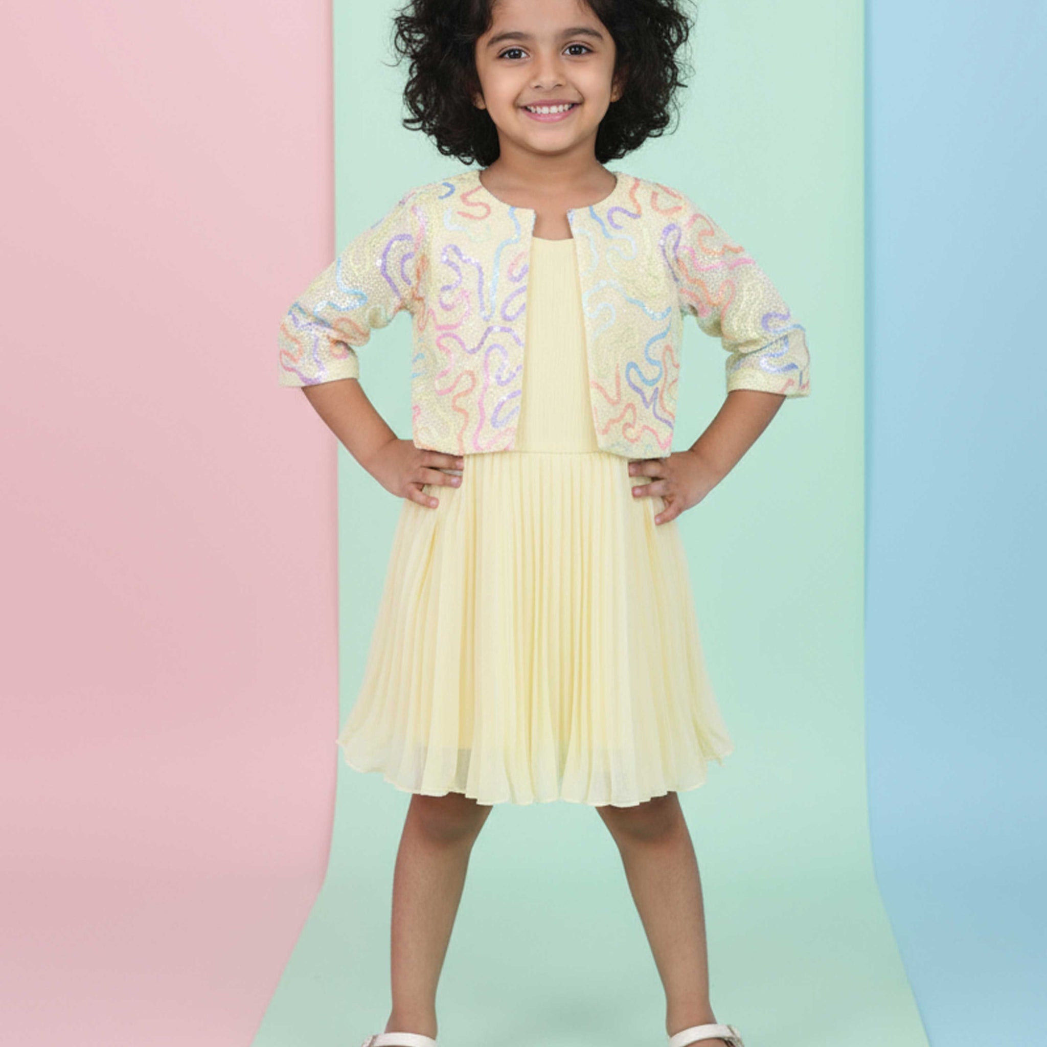 Elegant Kids' Pleated Frock with Floral Sequin Jacket - Yellow