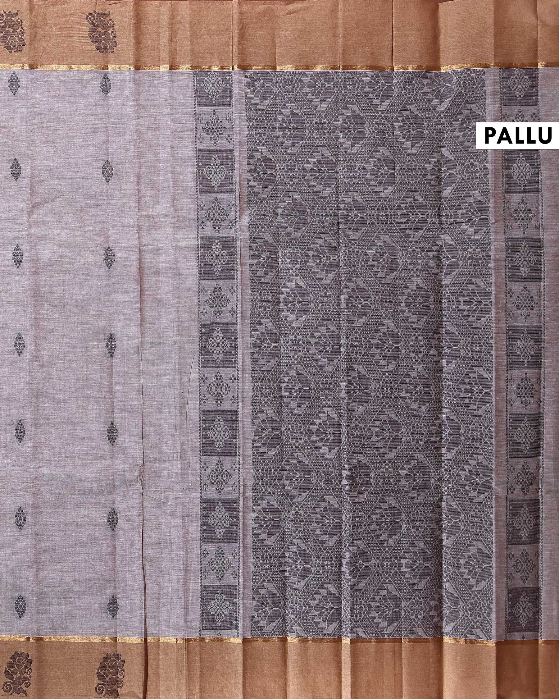 Elegant Kovai Cotton Saree with Fine Textured Weave and Floral Motif Border - Grey