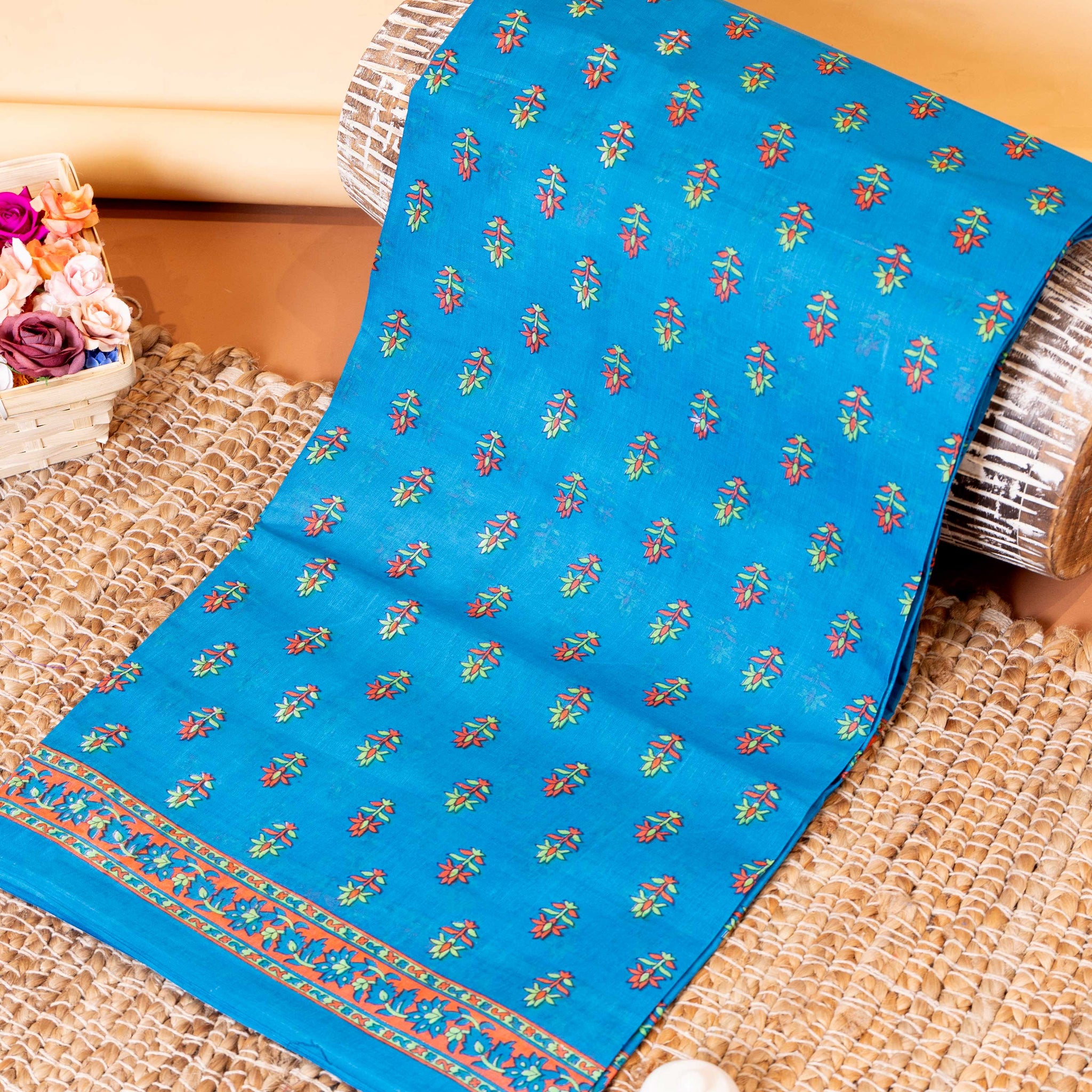 Elegant Lightweight Voile Cotton Saree with All-Over Motif Print - Blue