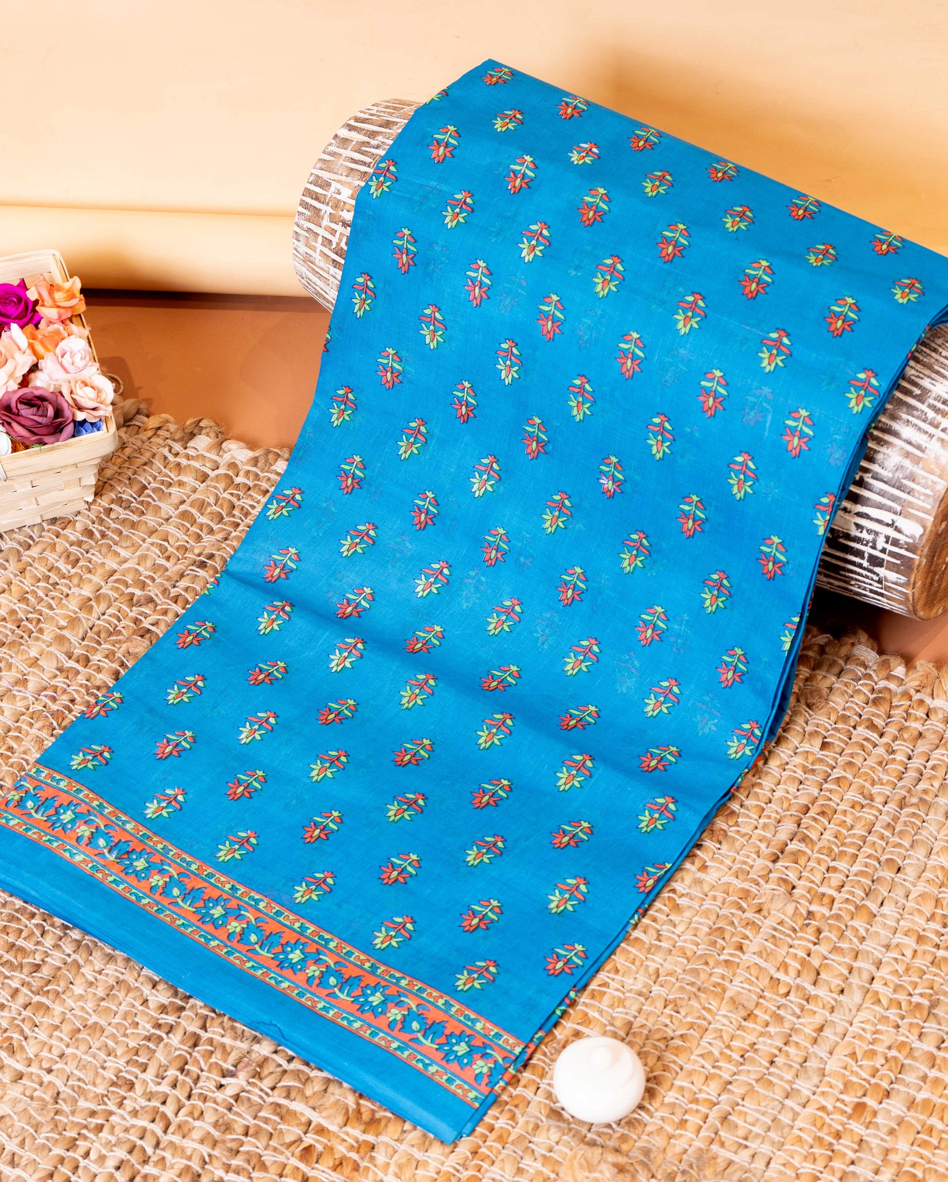 Elegant Lightweight Voile Cotton Saree with All-Over Motif Print - Blue