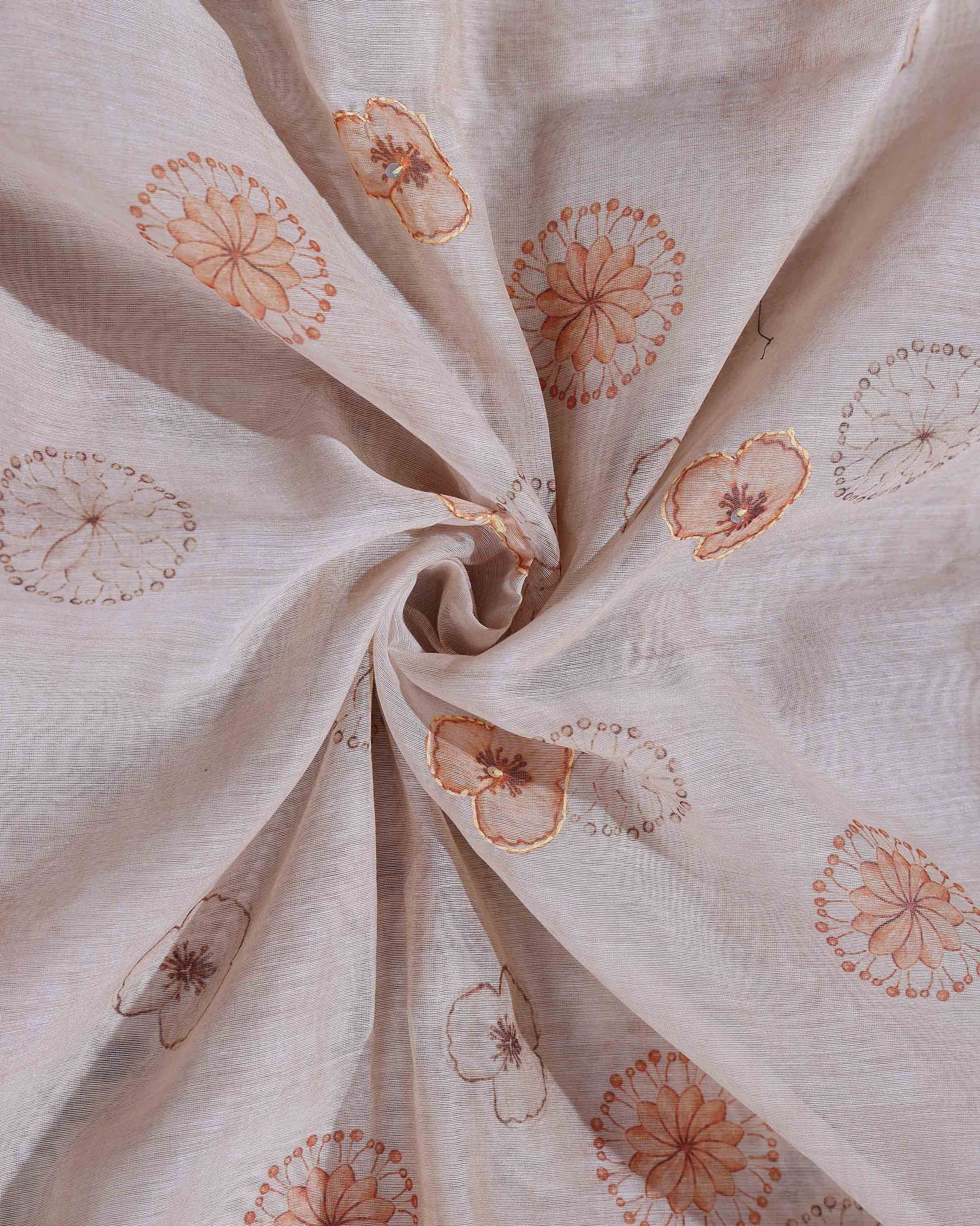 Elegant Linen Blend Kantha Saree with Delicate Floral and Vine Print and Rich Maroon Printed Border - Beige-Close Up