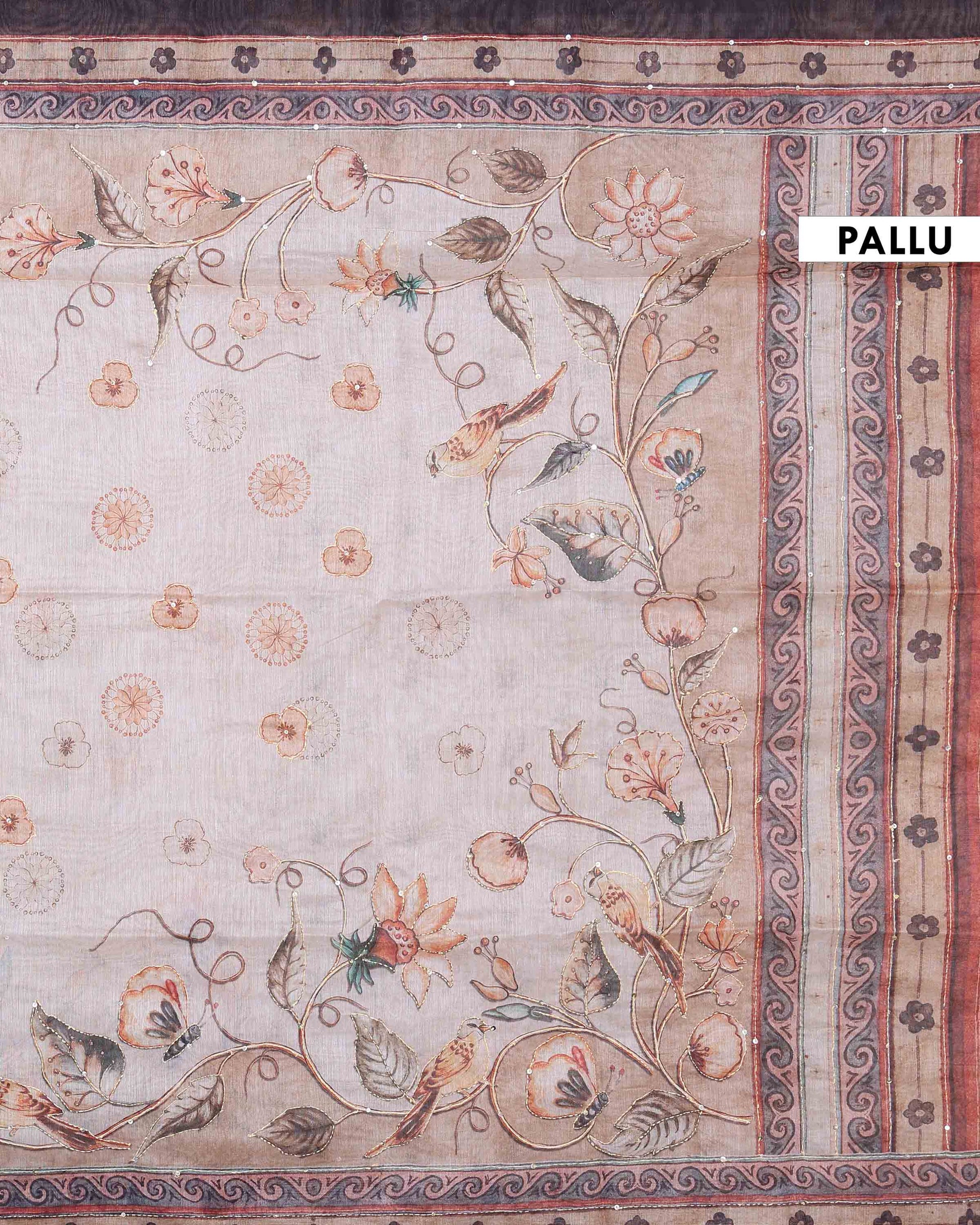 Elegant Linen Blend Kantha Saree with Delicate Floral and Vine Print and Rich Maroon Printed Border - Beige-Pallu