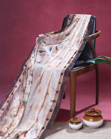 Elegant Linen Blend Kantha Saree with Delicate Floral and Vine Print and Rich Maroon Printed Border - Beige