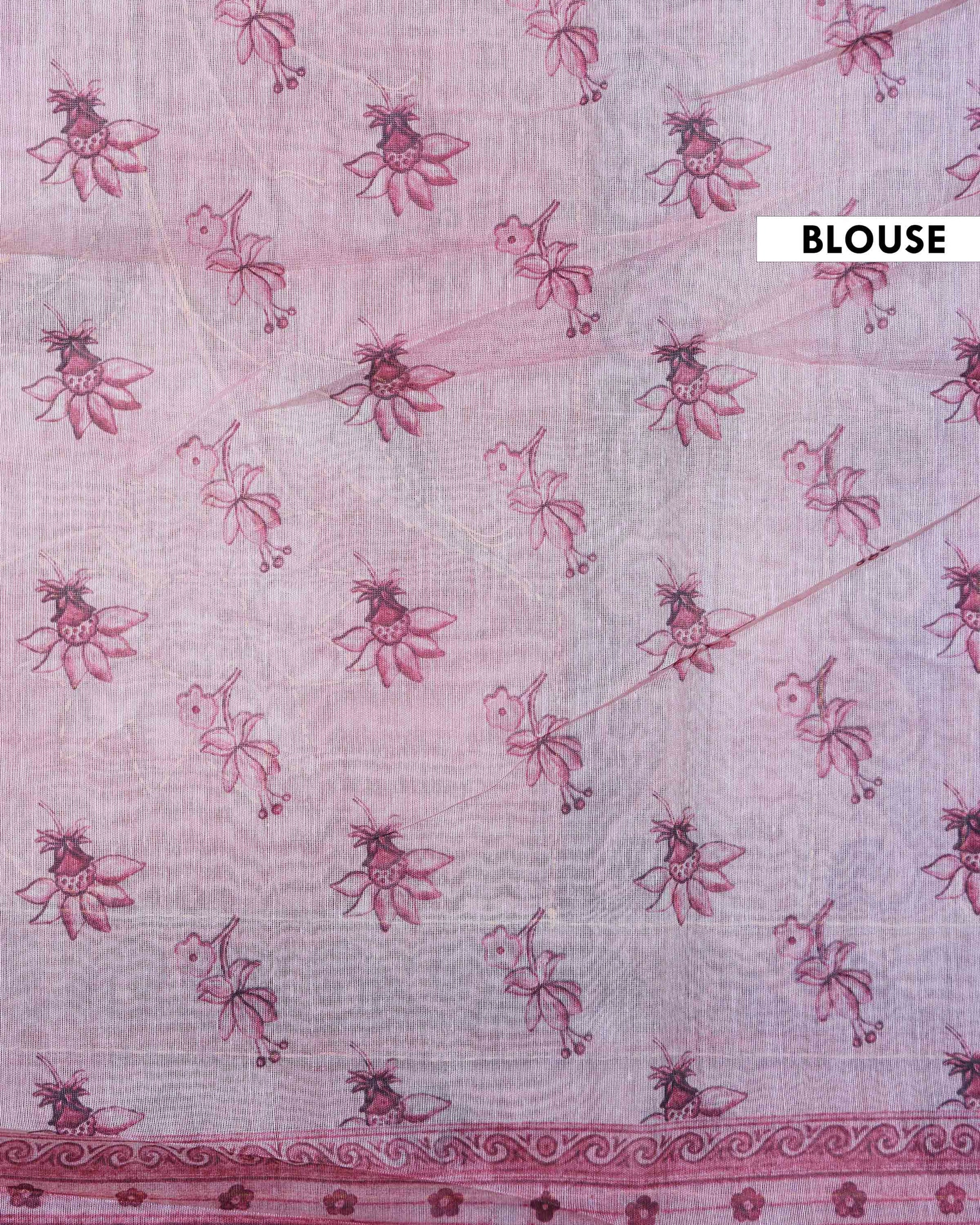 Elegant Linen Blend Kantha Saree with Delicate Floral and Vine Print and Rich Maroon Printed Border - Pink-Blouse