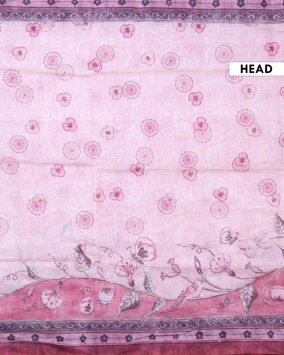 Elegant Linen Blend Kantha Saree with Delicate Floral and Vine Print and Rich Maroon Printed Border - Pink