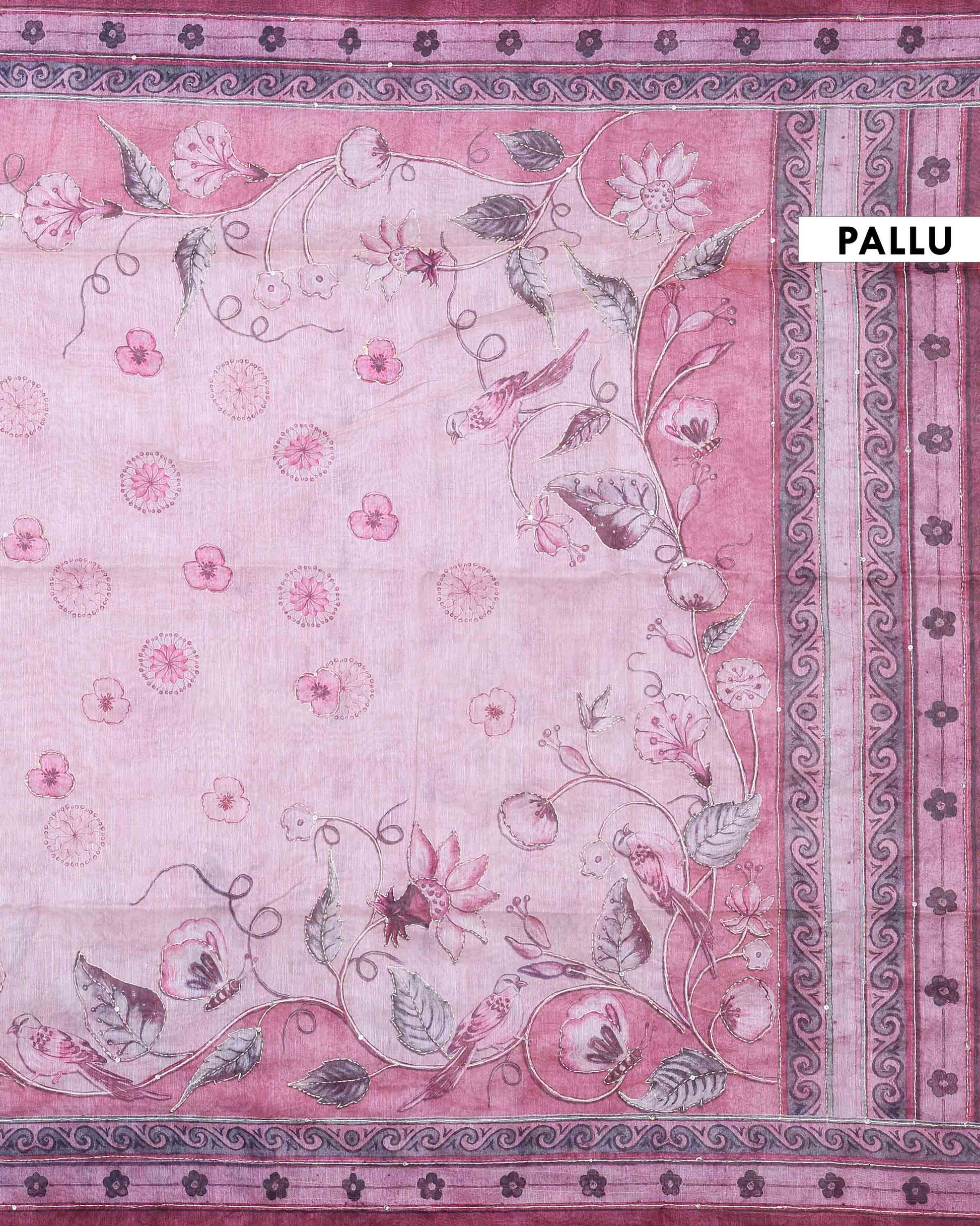 Elegant Linen Blend Kantha Saree with Delicate Floral and Vine Print and Rich Maroon Printed Border - Pink-Pallu