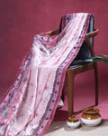 Elegant Linen Blend Kantha Saree with Delicate Floral and Vine Print and Rich Maroon Printed Border - Pink