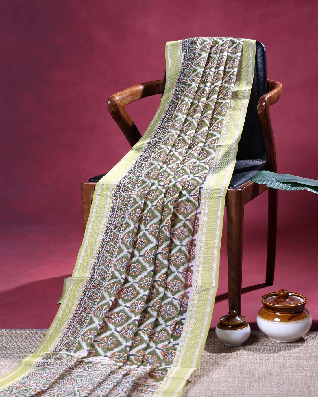 Elegant Linen Cotton Saree with All Over Floral Woven Design and Intricate Traditional Border  - Green