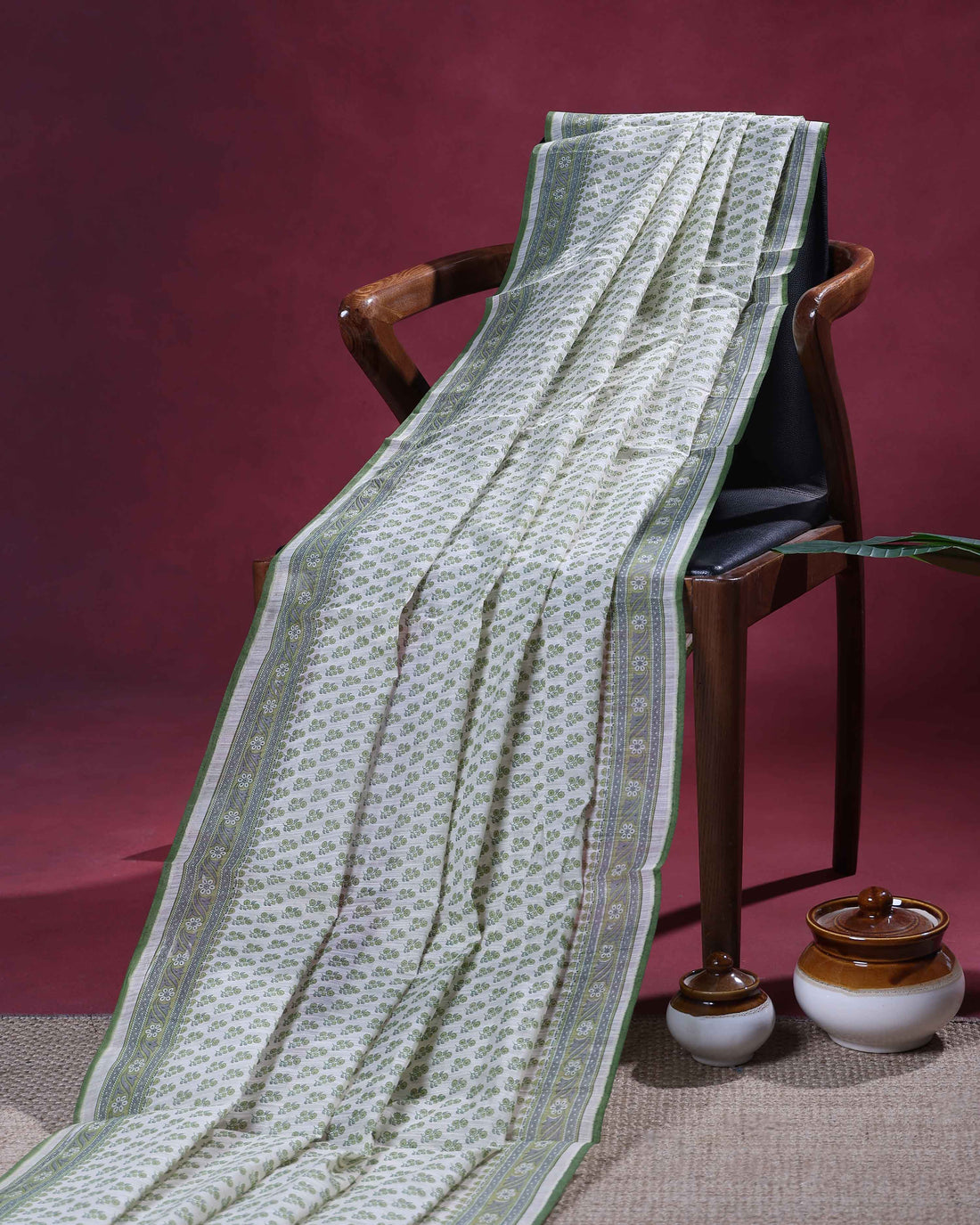 Elegant Linen Cotton Saree with Allover Floral Buta Motifs and Intricately Woven Traditional Border - Light Green