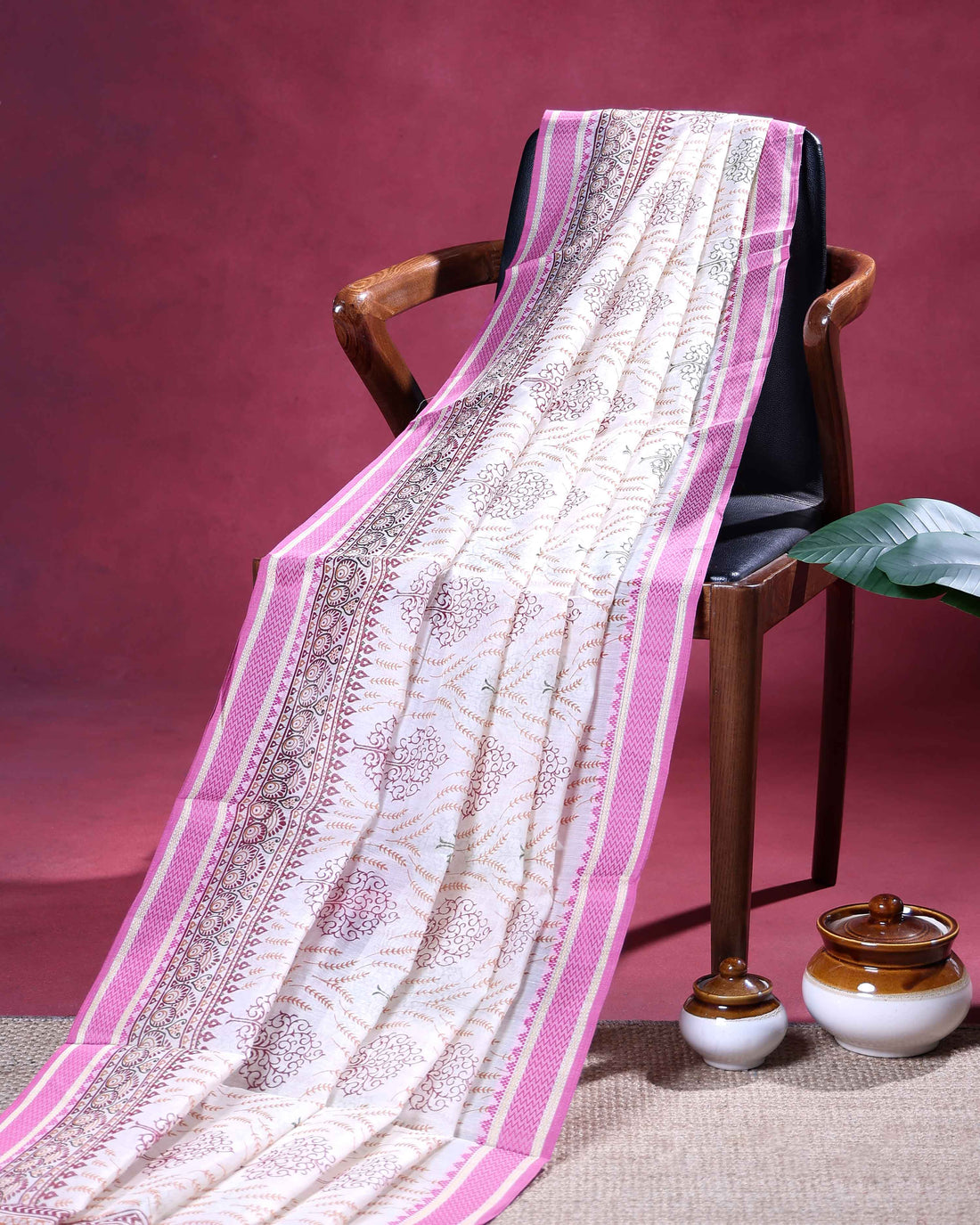 Elegant Linen Cotton Saree with Allover Traditional Tree Buta Motifs and Intricately Woven Ethnic Border - Cream