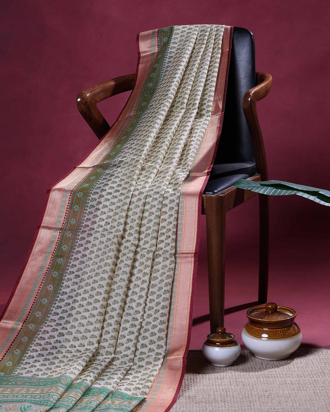 Elegant Linen Cotton Saree with Delicate All Over Floral Buti Design and Intricate Traditional Woven Border - Cream