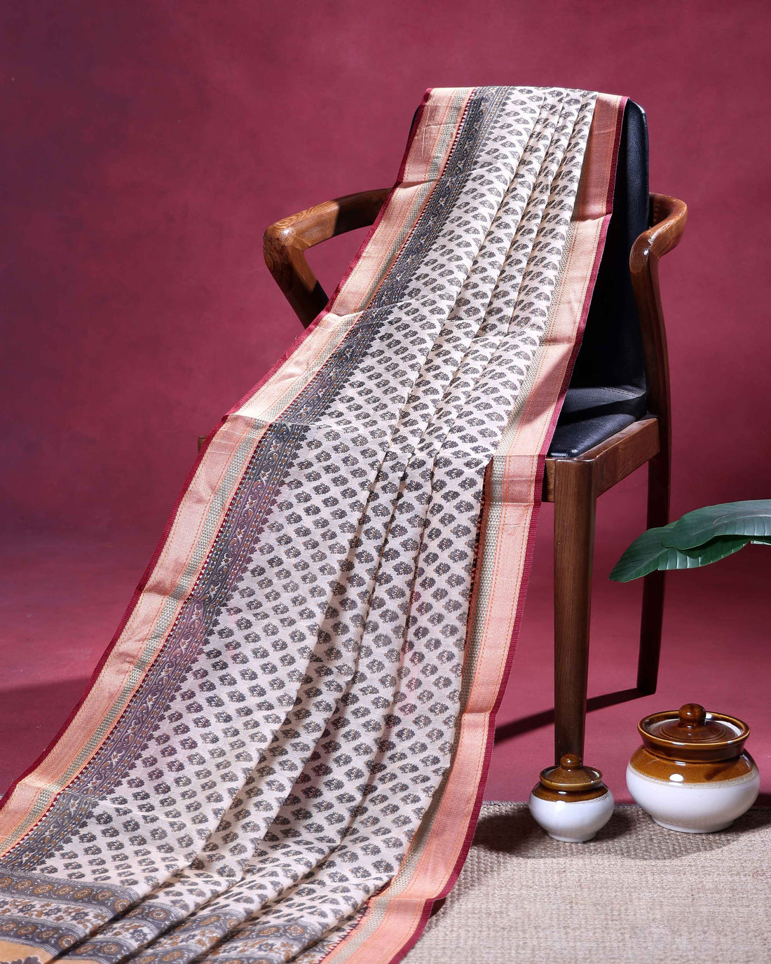 Elegant Linen Cotton Saree with Delicate Floral Buta Prints and Traditional Woven Border - Light Beige