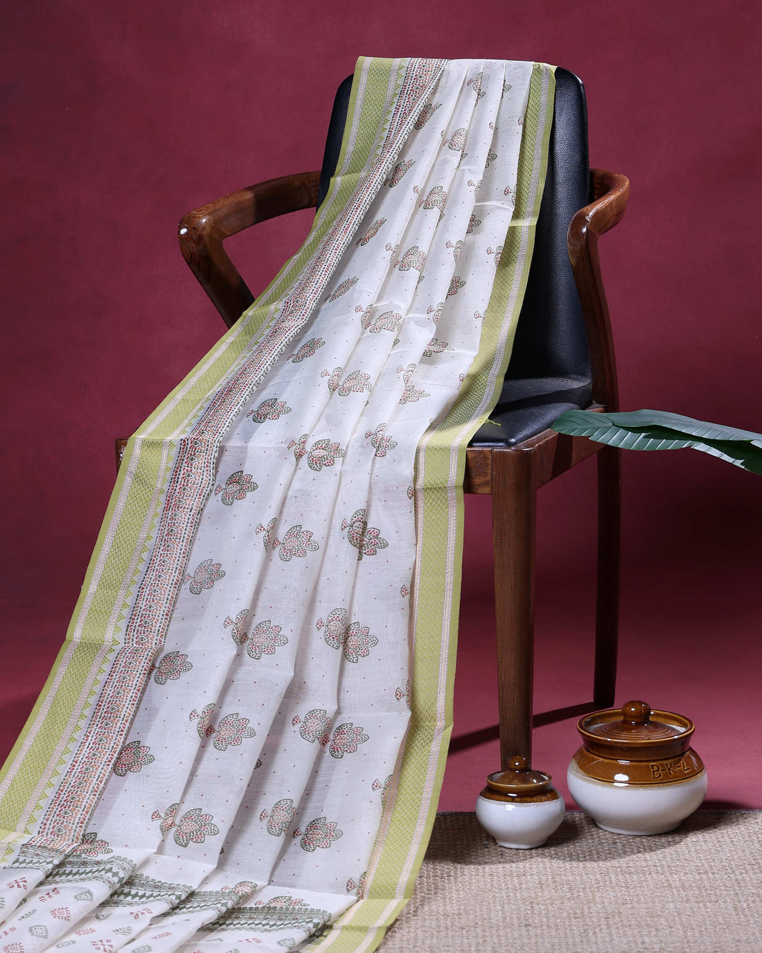 Elegant Linen Cotton Saree with Delicate Floral Butta Weaving and Traditional Woven Border - Off White