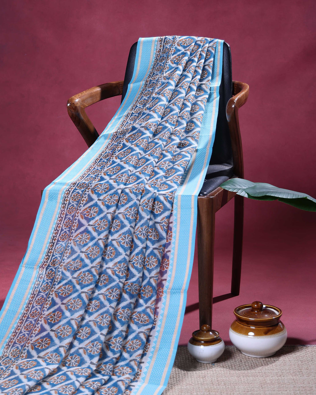Elegant Linen Cotton Saree with Traditional Floral Motifs and Intricate Woven Border - Light Blue