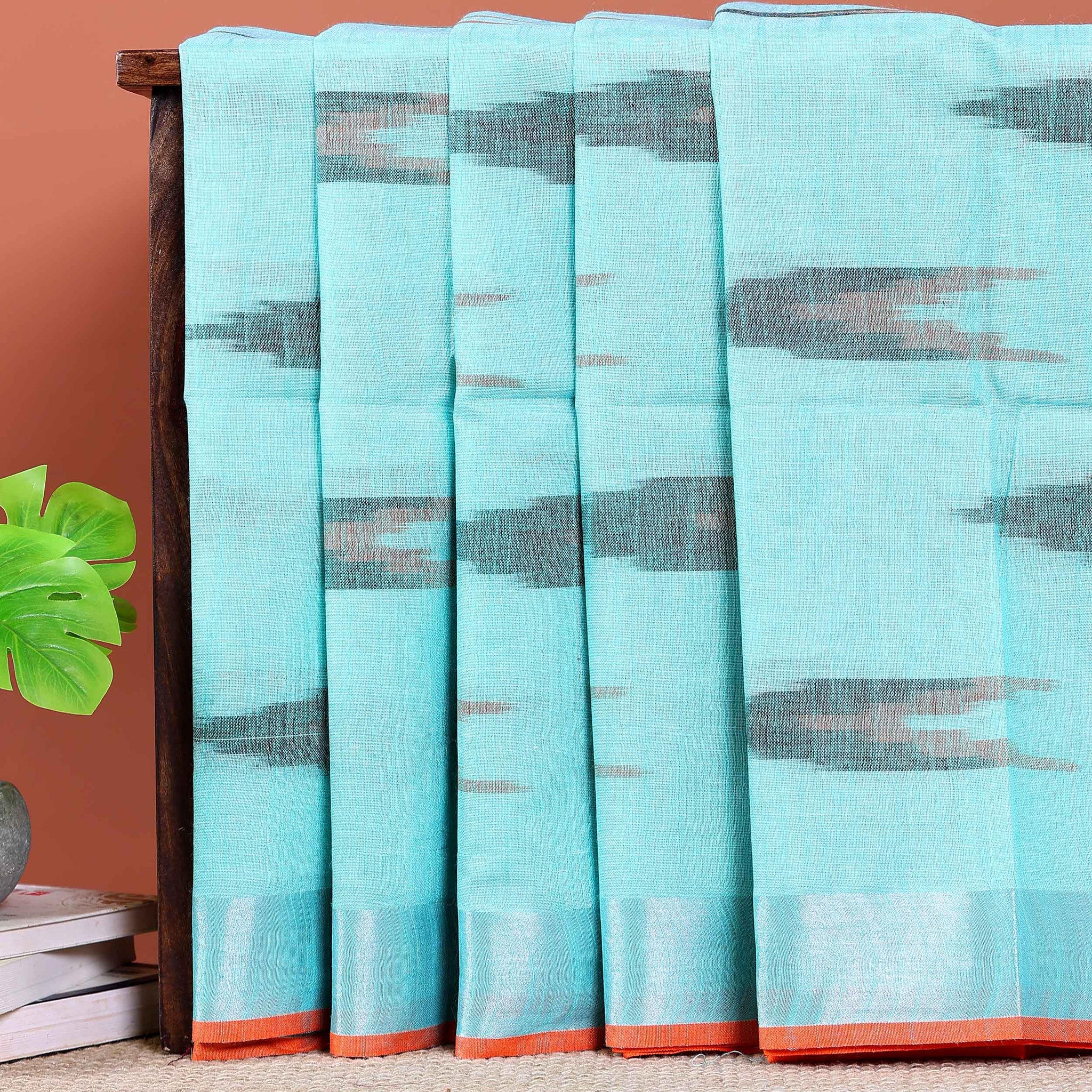 Elegant Linen Cotton Saree with Traditional Ikat-Inspired Design - Blue