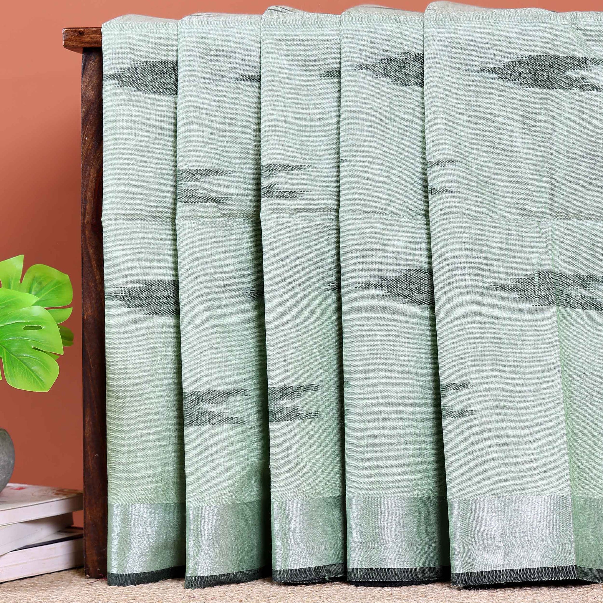 Elegant Linen Cotton Saree with Traditional Ikat-Inspired Design - Green