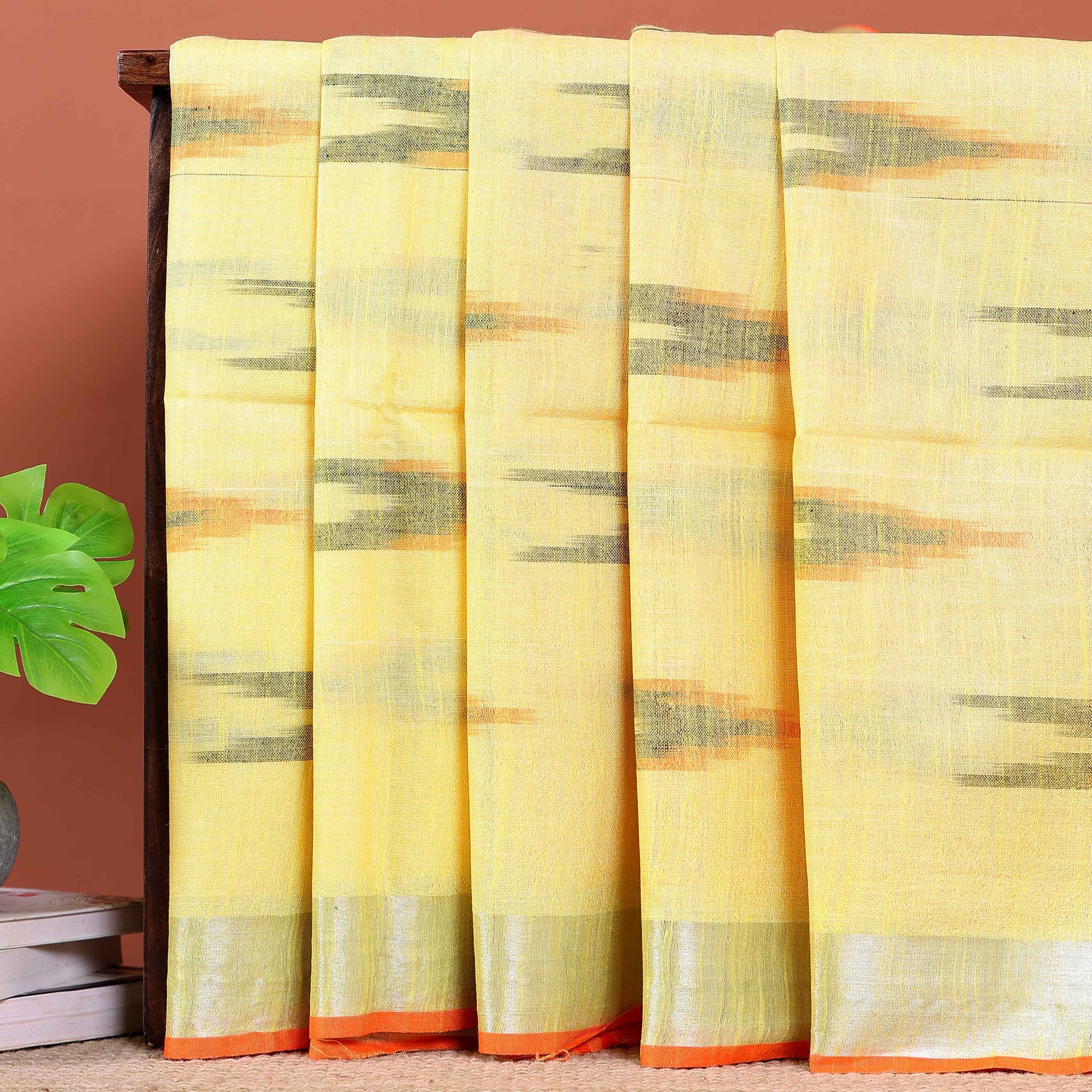 Elegant Linen Cotton Saree with Traditional Ikat-Inspired Design - Yellow