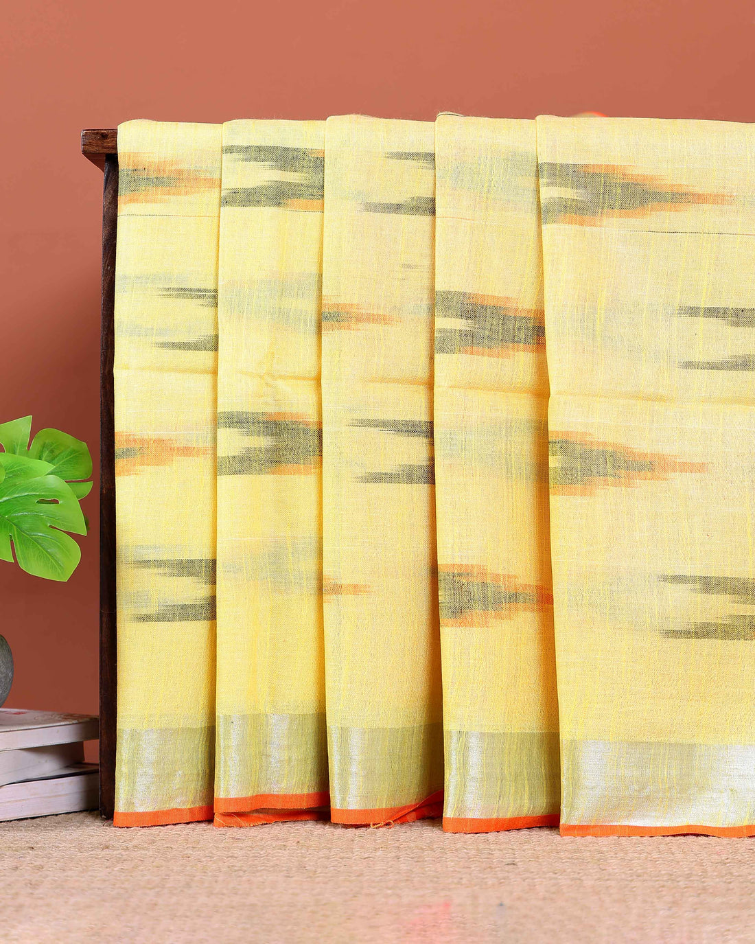 Elegant Linen Cotton Saree with Traditional Ikat-Inspired Design - Yellow
