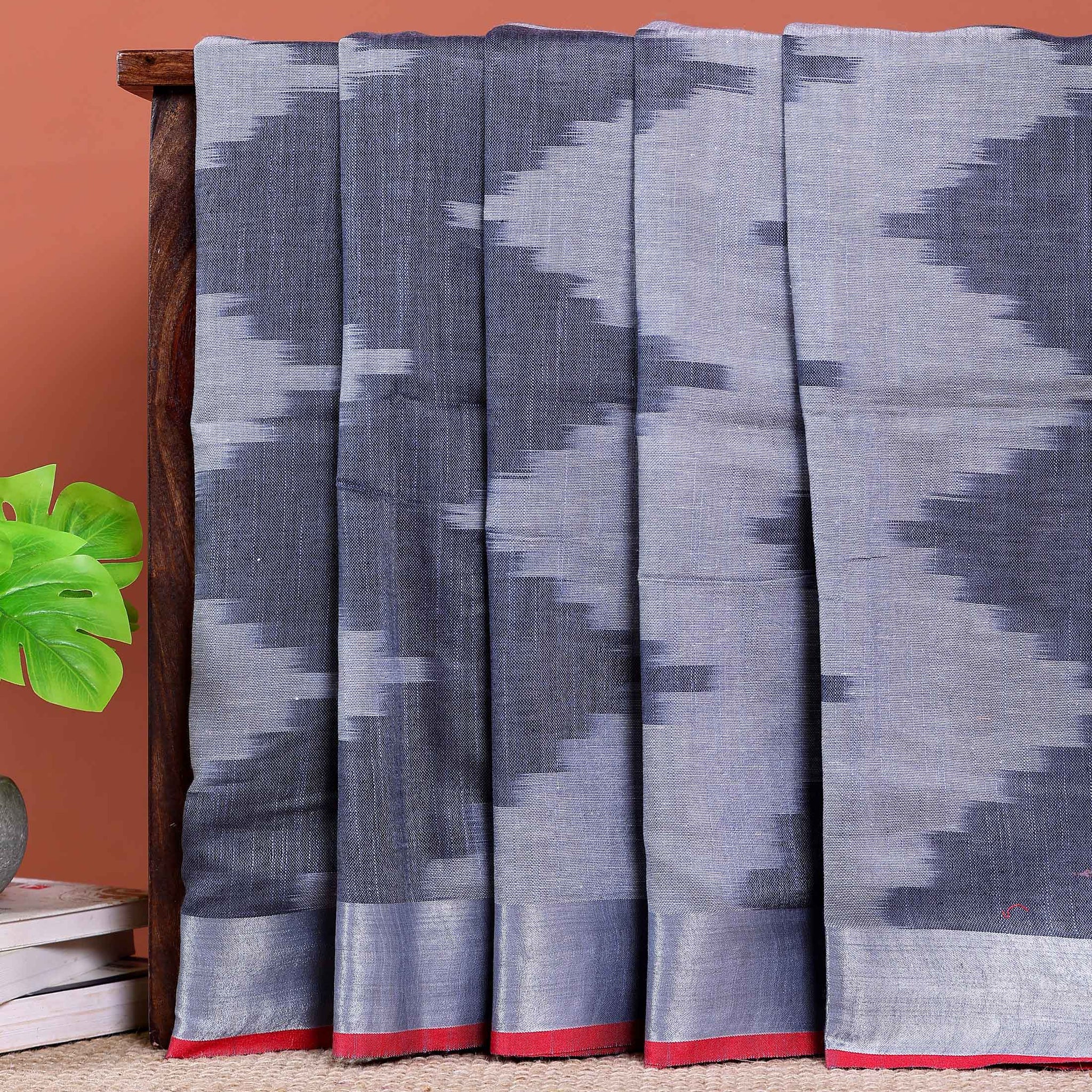 Elegant Linen Cotton Saree with Traditional Ikkat-Inspired Design - Grey