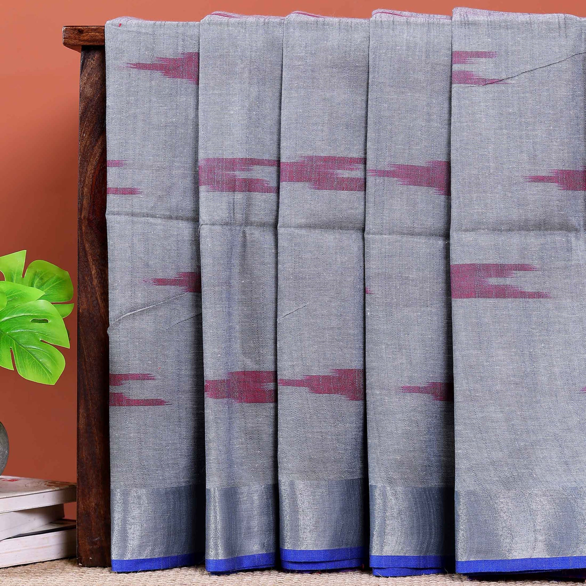 Elegant Linen Cotton Saree with Traditional Ikkat-Inspired Design - Grey -main