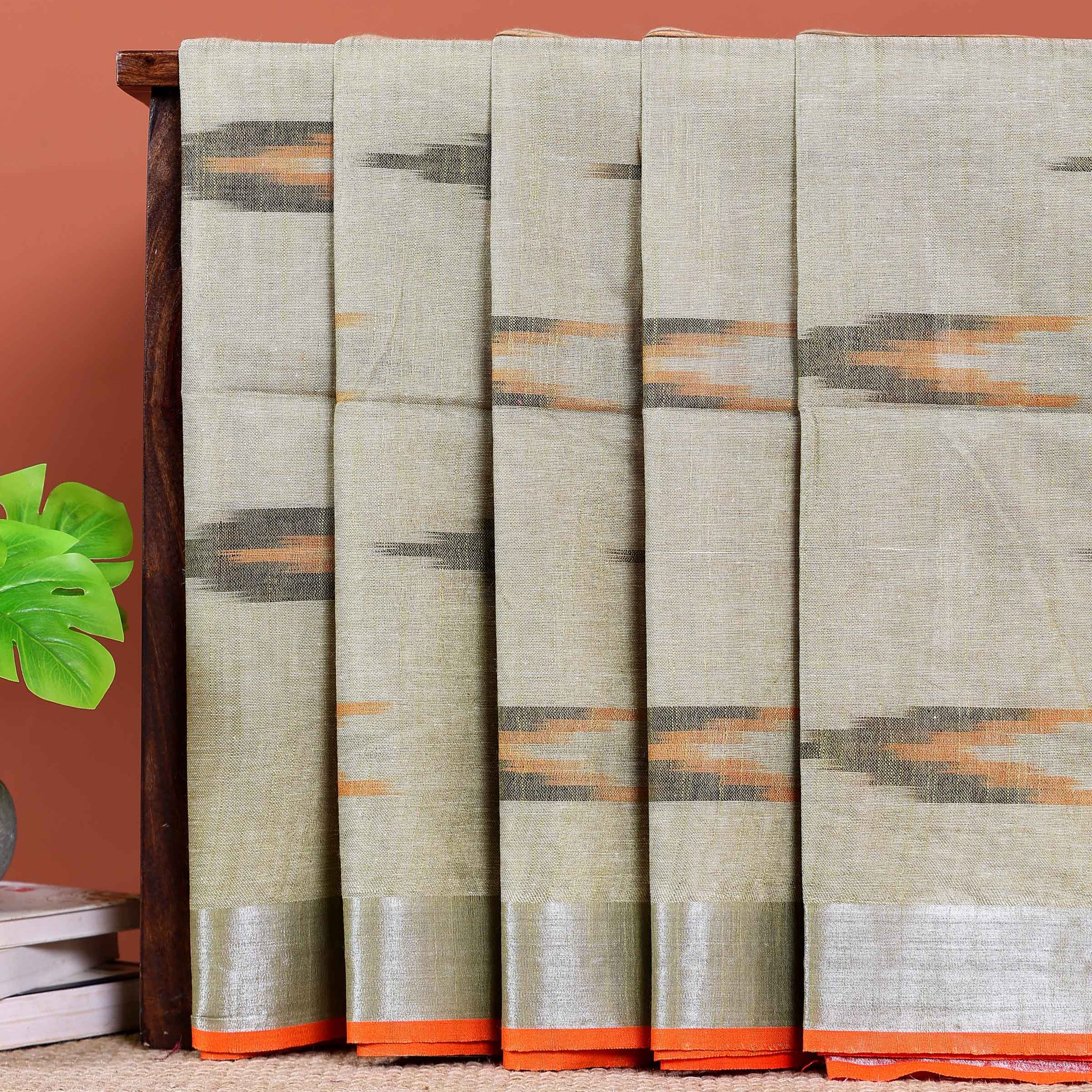 Elegant Linen Cotton Saree with Traditional Ikkat-Inspired Design - Olive Green