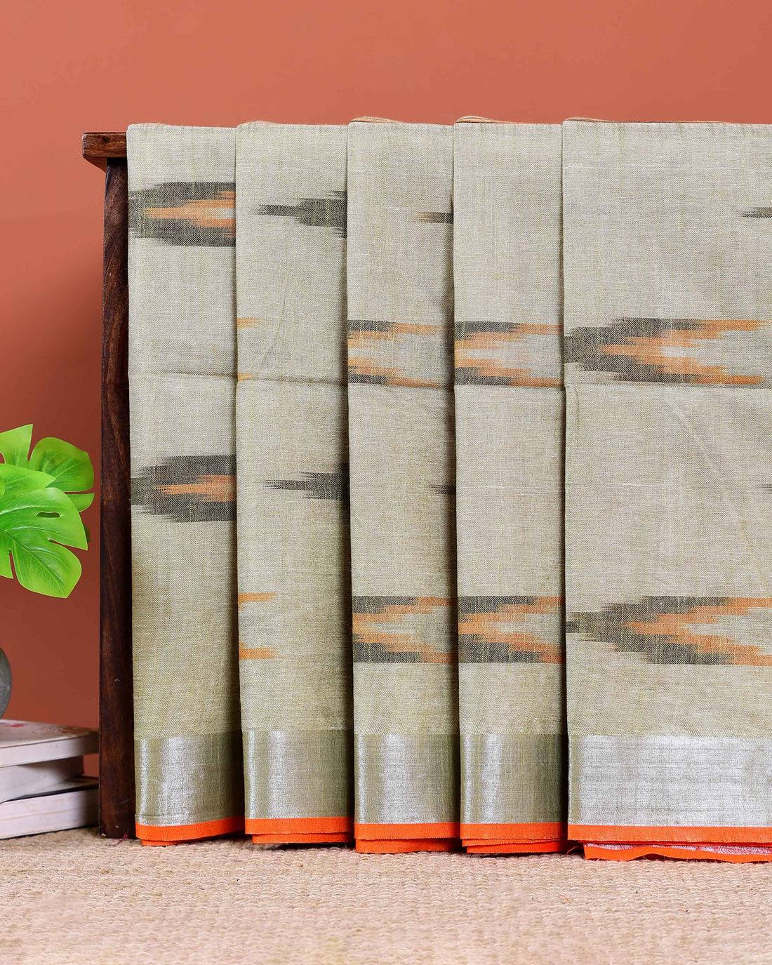 Elegant Linen Cotton Saree with Traditional Ikkat-Inspired Design - Olive Green