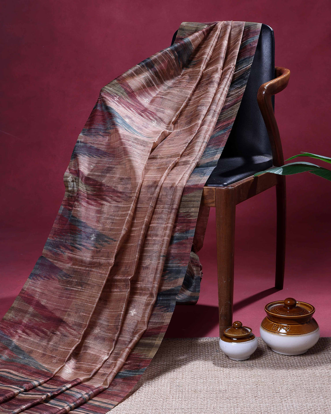 Elegant Linen Organza Saree with Subtle Floral Print and Self Woven Border - Brown