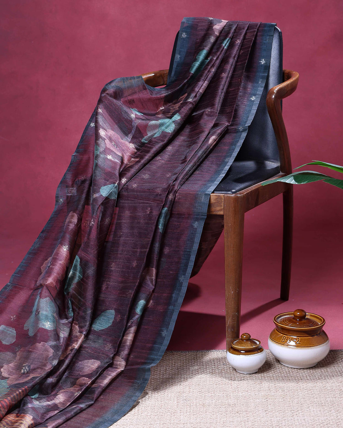 Elegant Linen Organza Saree with Subtle Floral Print and Self Woven Border - Burgundy