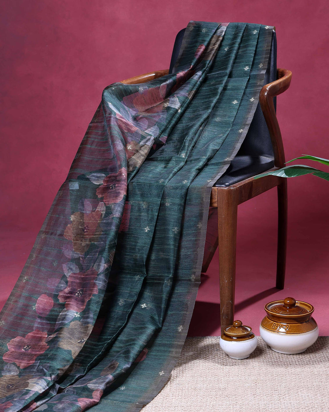 Elegant Linen Organza Saree with Subtle Floral Print and Self Woven Border - Green