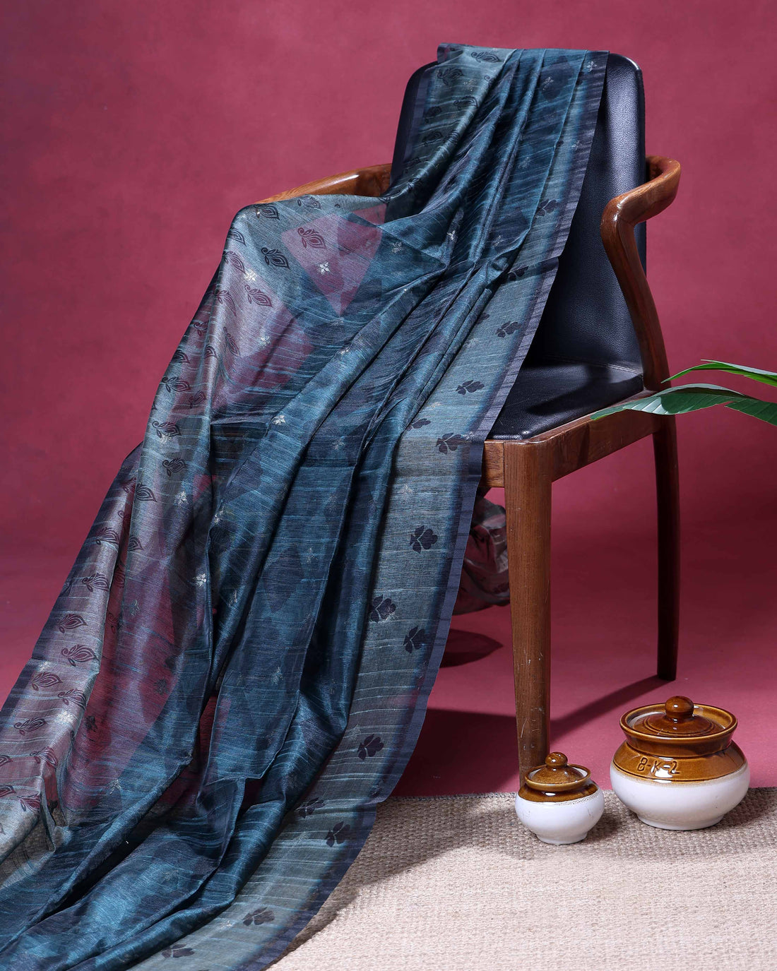 Elegant Linen Organza Saree with Subtle Floral Print and Self Woven Border - Teal