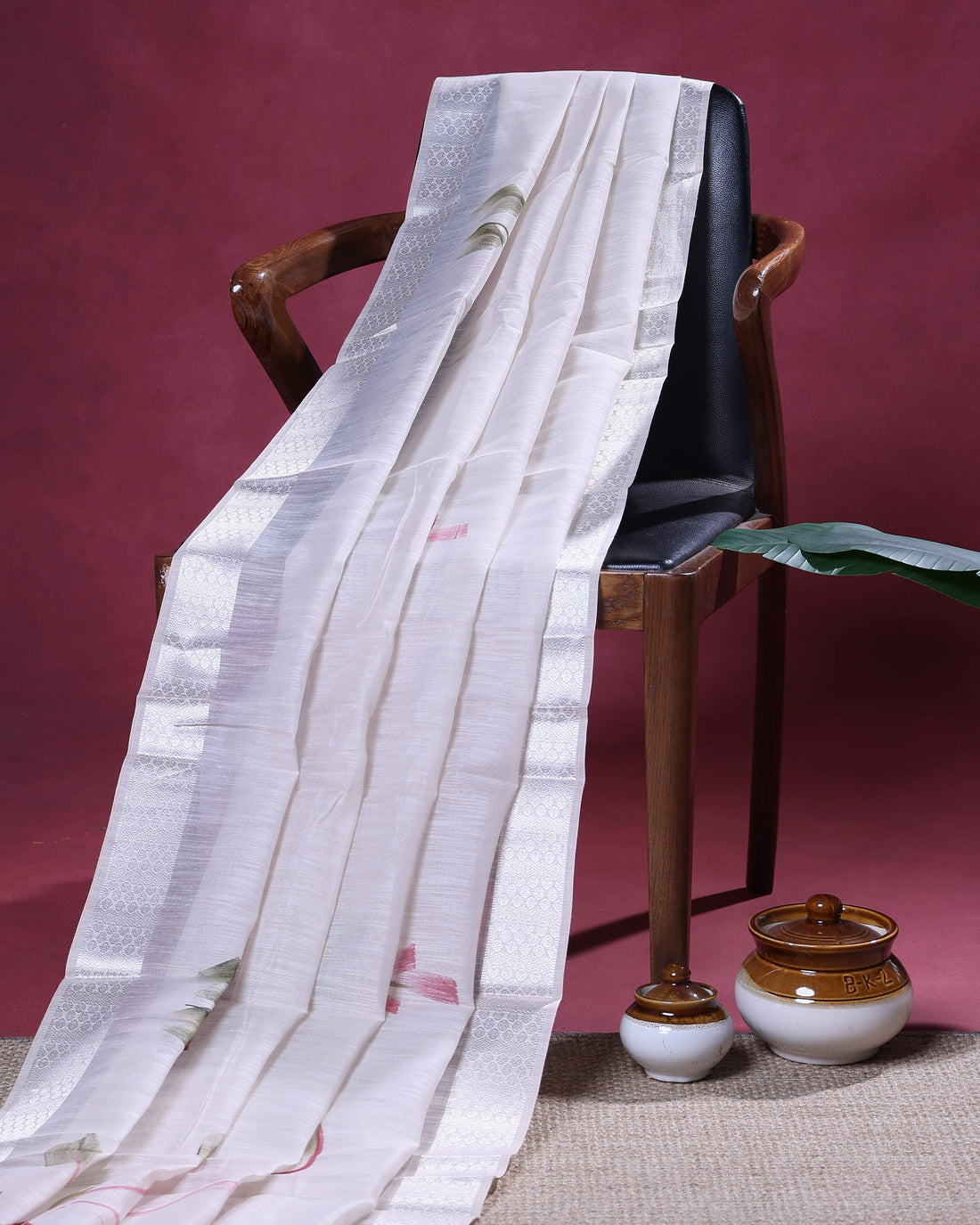 Elegant Linen Tissue Saree with Delicate Floral Motifs and Intricate Woven Border - Light Sandal