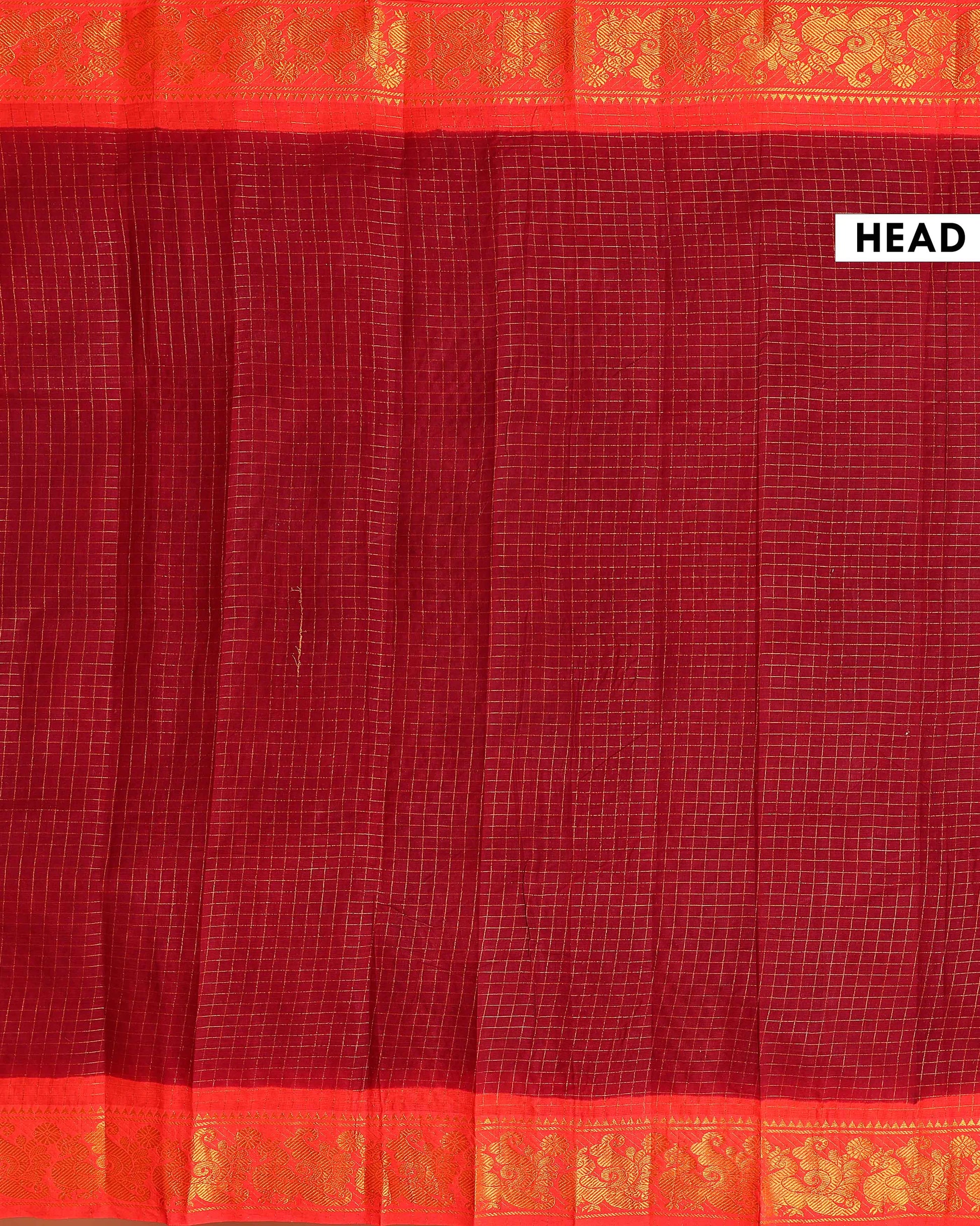 Elegant Madurai Sungudi Cotton Saree with Zari Checked Body and Rich Motif Border - Dark Maroon