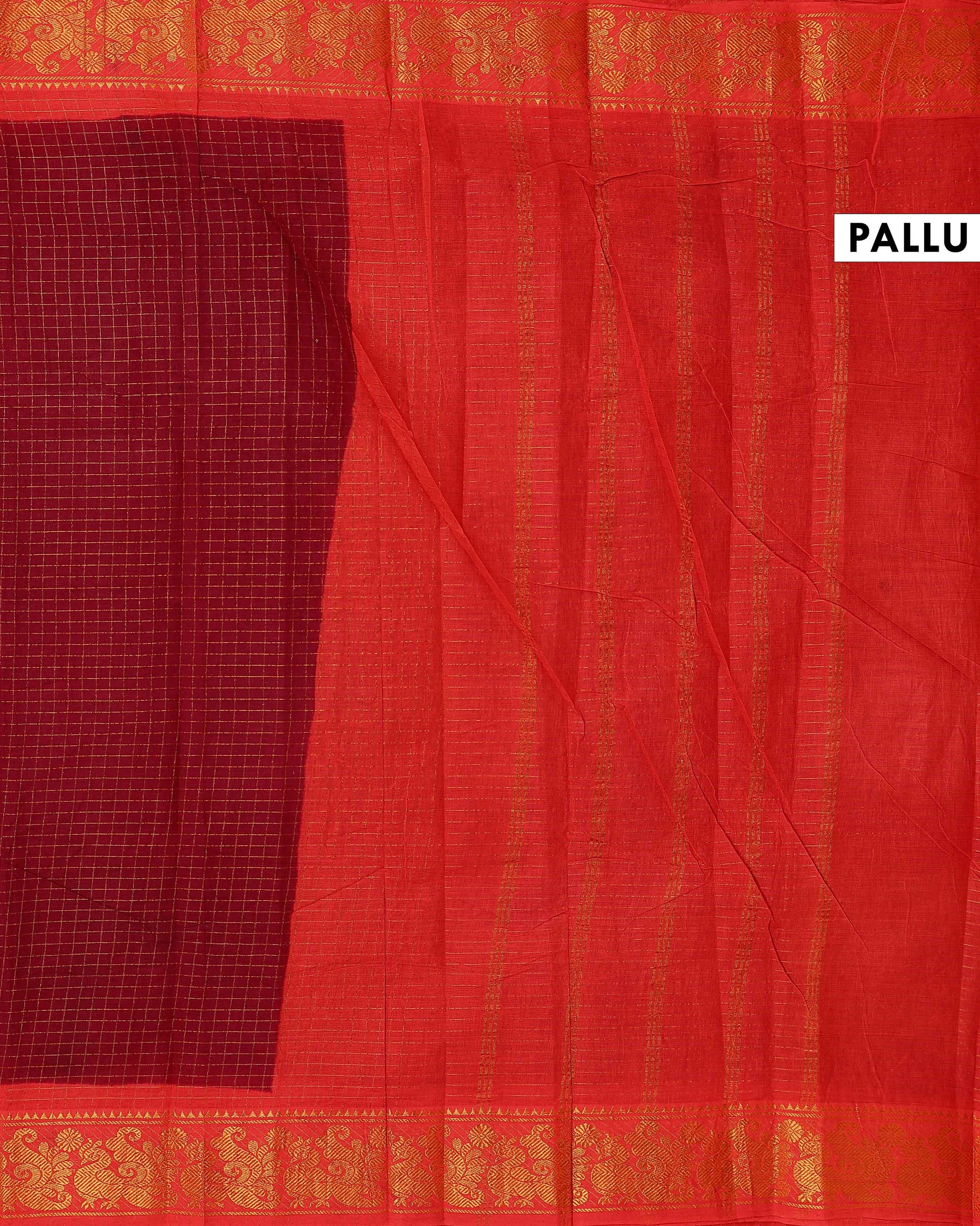 Elegant Madurai Sungudi Cotton Saree with Zari Checked Body and Rich Motif Border - Dark Maroon