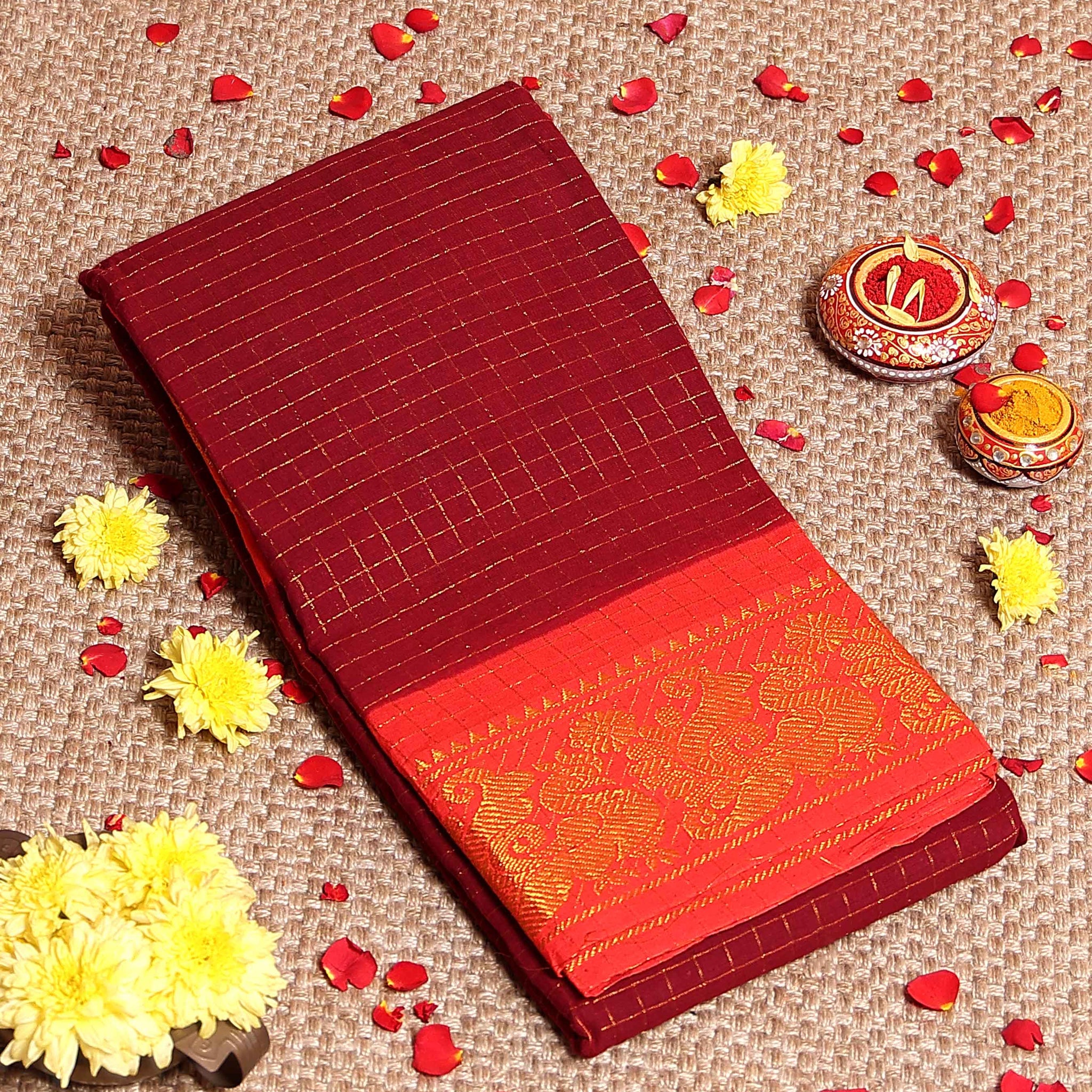 Elegant Madurai Sungudi Cotton Saree with Zari Checked Body and Rich Motif Border - Dark Maroon