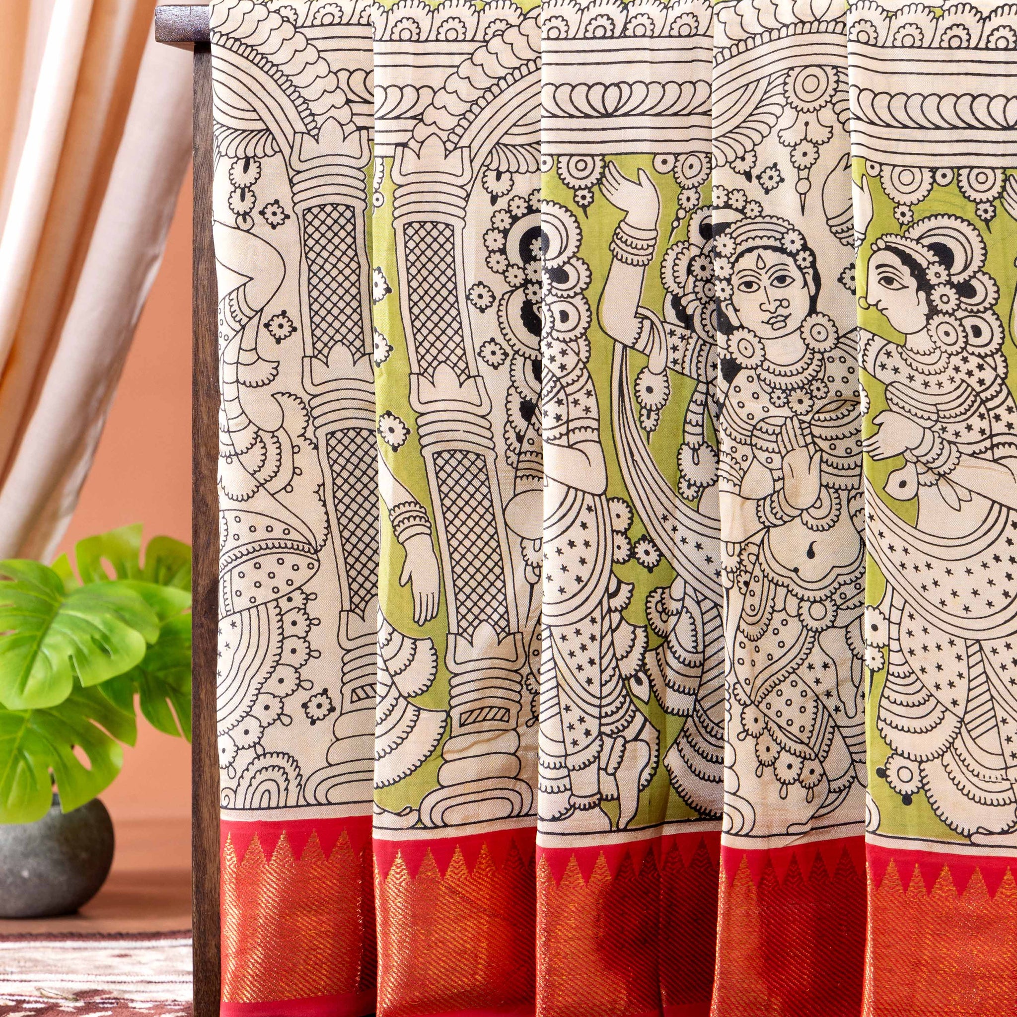 Elegant Mangalagiri Kalamkari Semi Chanderi Saree with Intricate Printed Motifs - Green