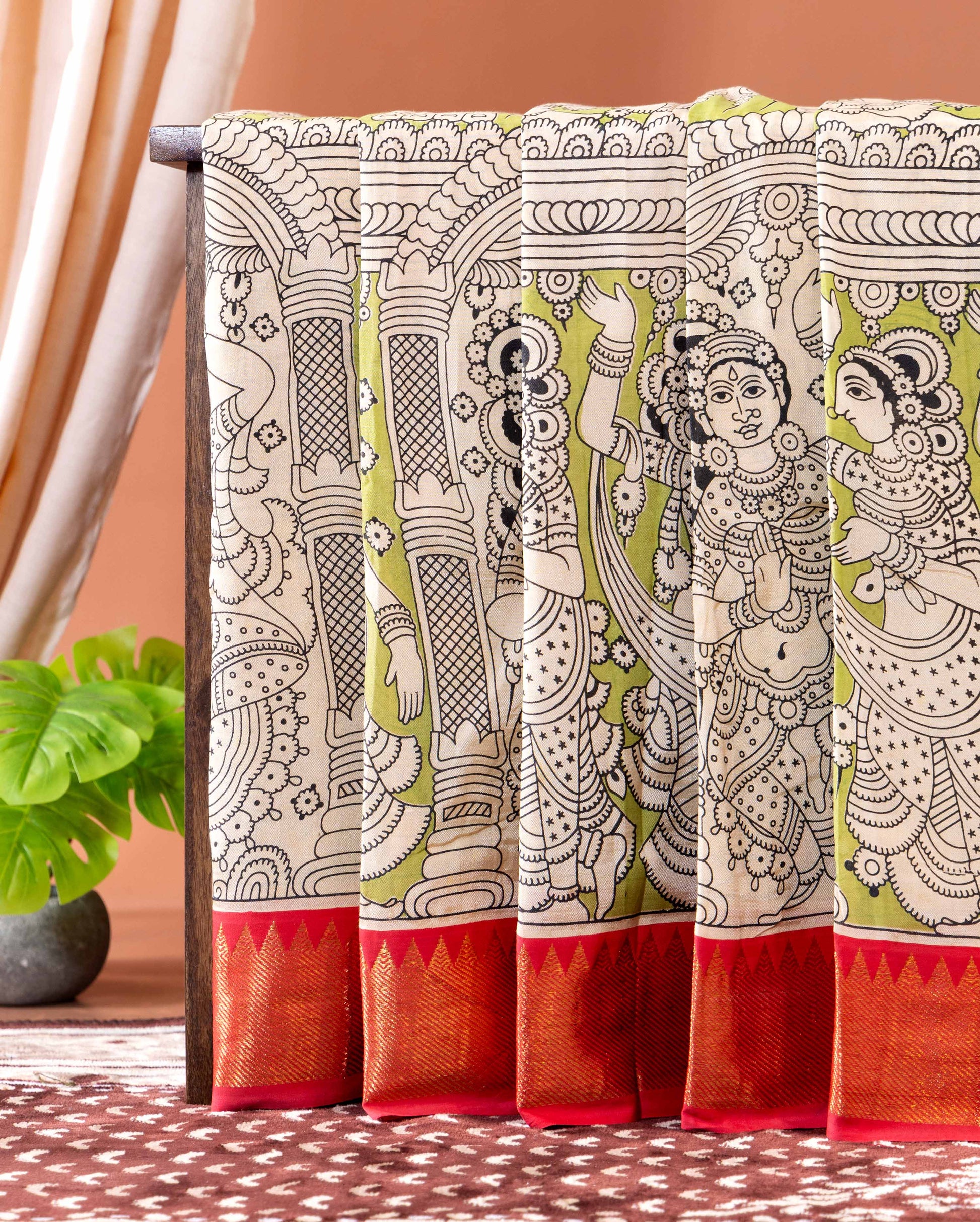 Elegant Mangalagiri Kalamkari Semi Chanderi Saree with Intricate Printed Motifs - Green