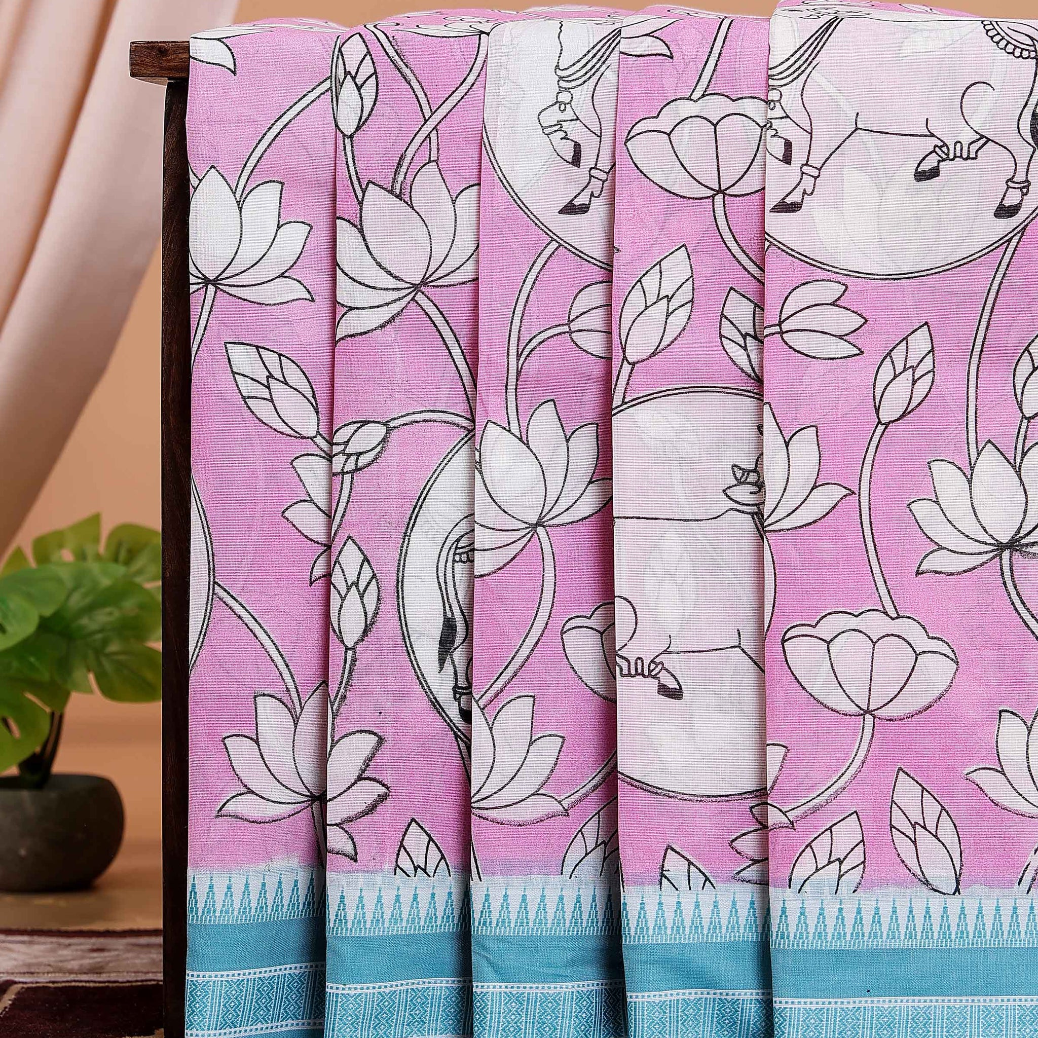 Elegant Mangalagiri Semi Chanderi Saree Intricate Floral and Animal Designs - Pink