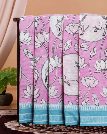 Elegant Mangalagiri Semi Chanderi Saree Intricate Floral and Animal Designs - Pink