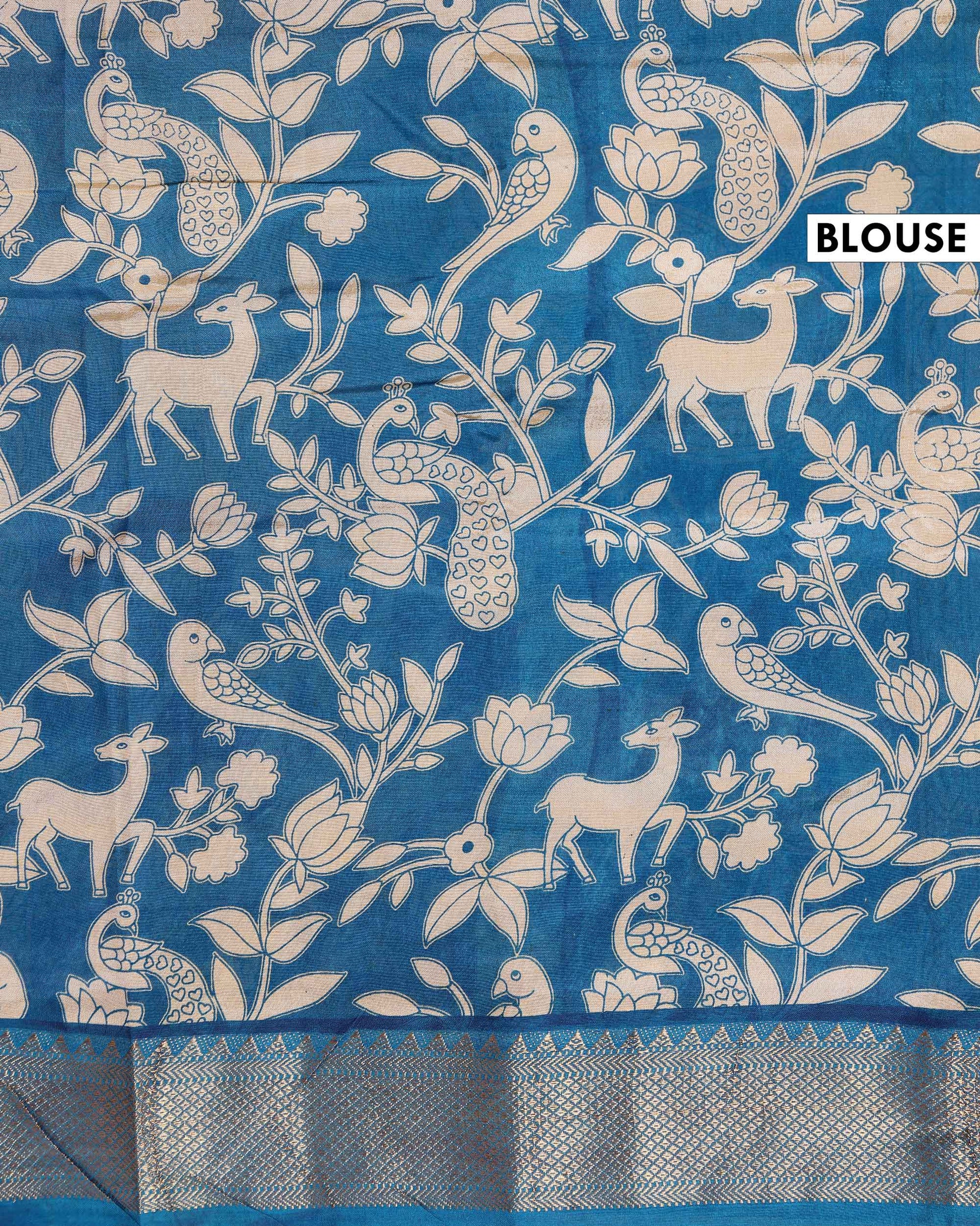 Elegant Mangalagiri Semi Chanderi Saree with Hand Drawn Kalamkari Print and Zari Border - Sandal