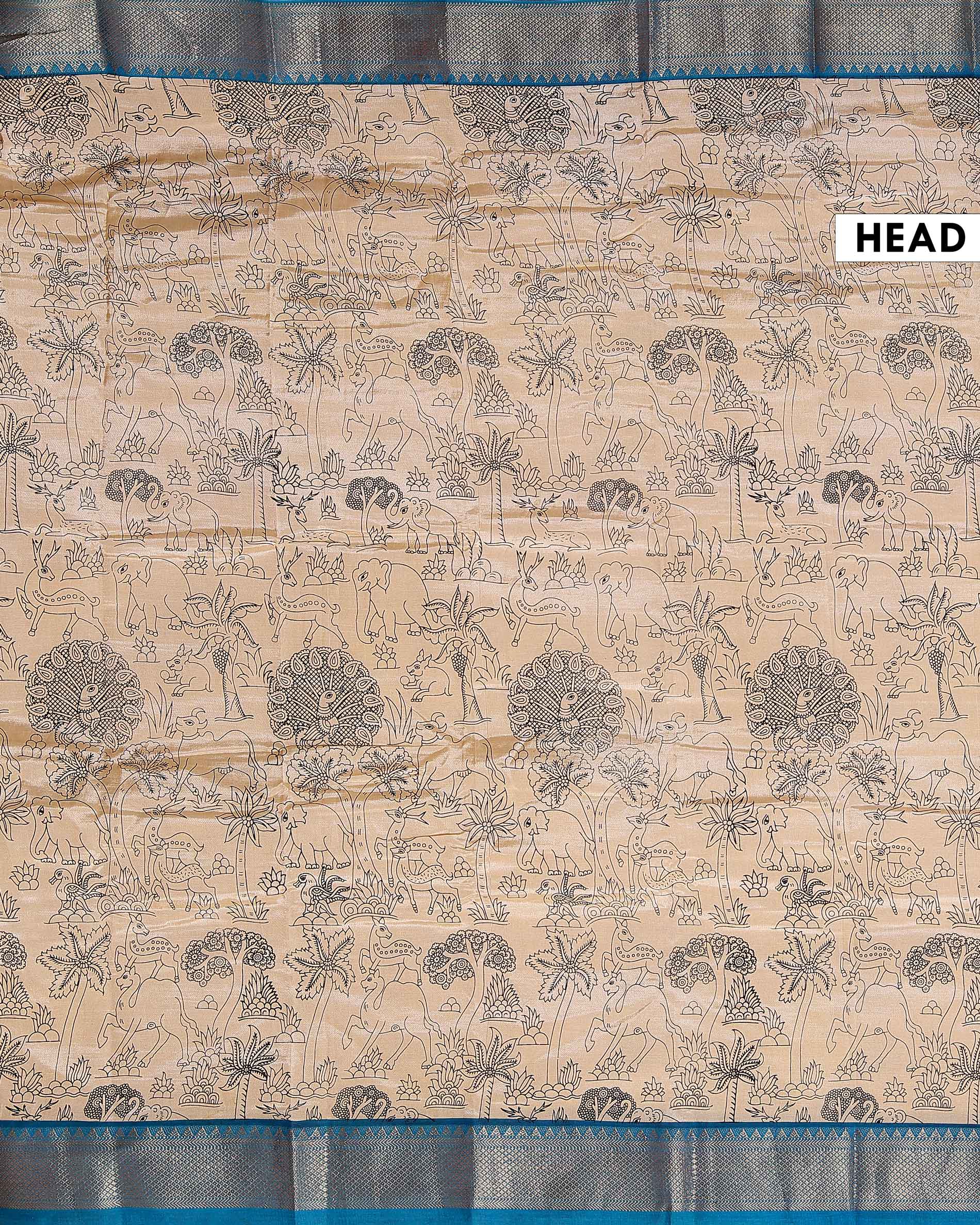 Elegant Mangalagiri Semi Chanderi Saree with Hand Drawn Kalamkari Print and Zari Border - Sandal