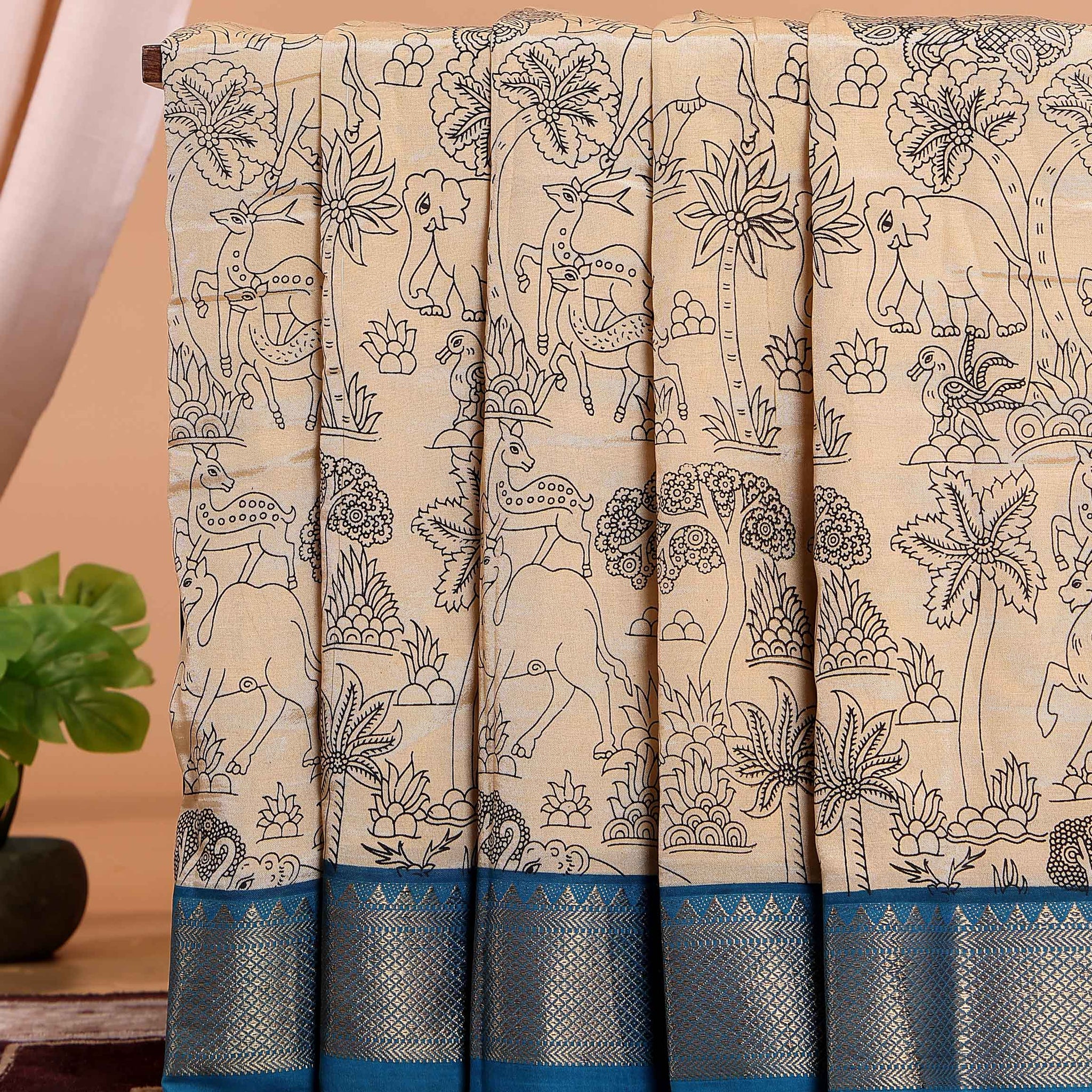 Elegant Mangalagiri Semi Chanderi Saree with Hand Drawn Kalamkari Print and Zari Border - Sandal