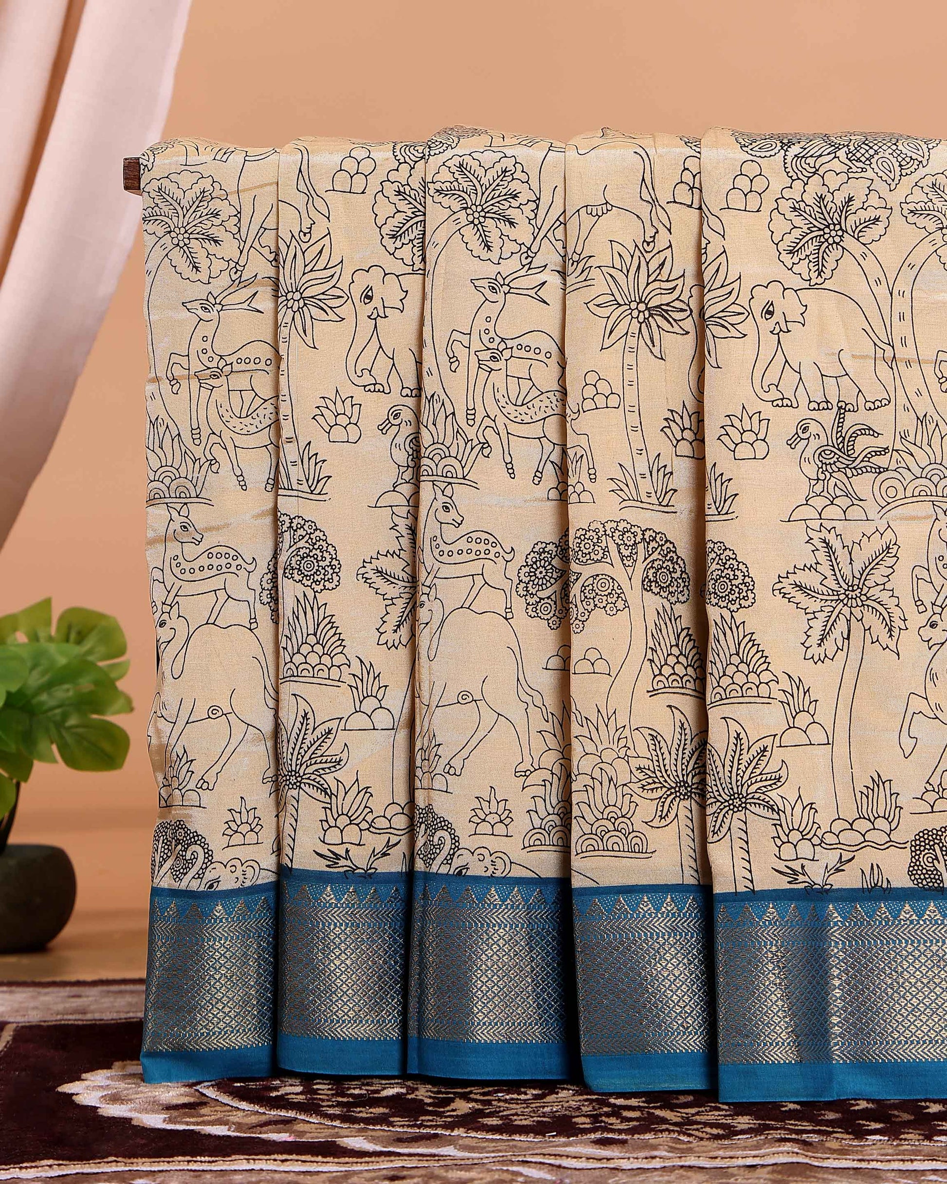 Elegant Mangalagiri Semi Chanderi Saree with Hand Drawn Kalamkari Print and Zari Border - Sandal