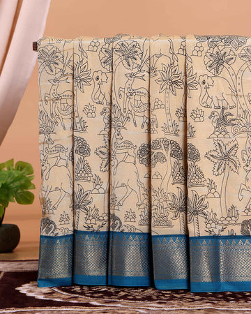 Elegant Mangalagiri Semi Chanderi Saree with Hand Drawn Kalamkari Print and Zari Border - Sandal