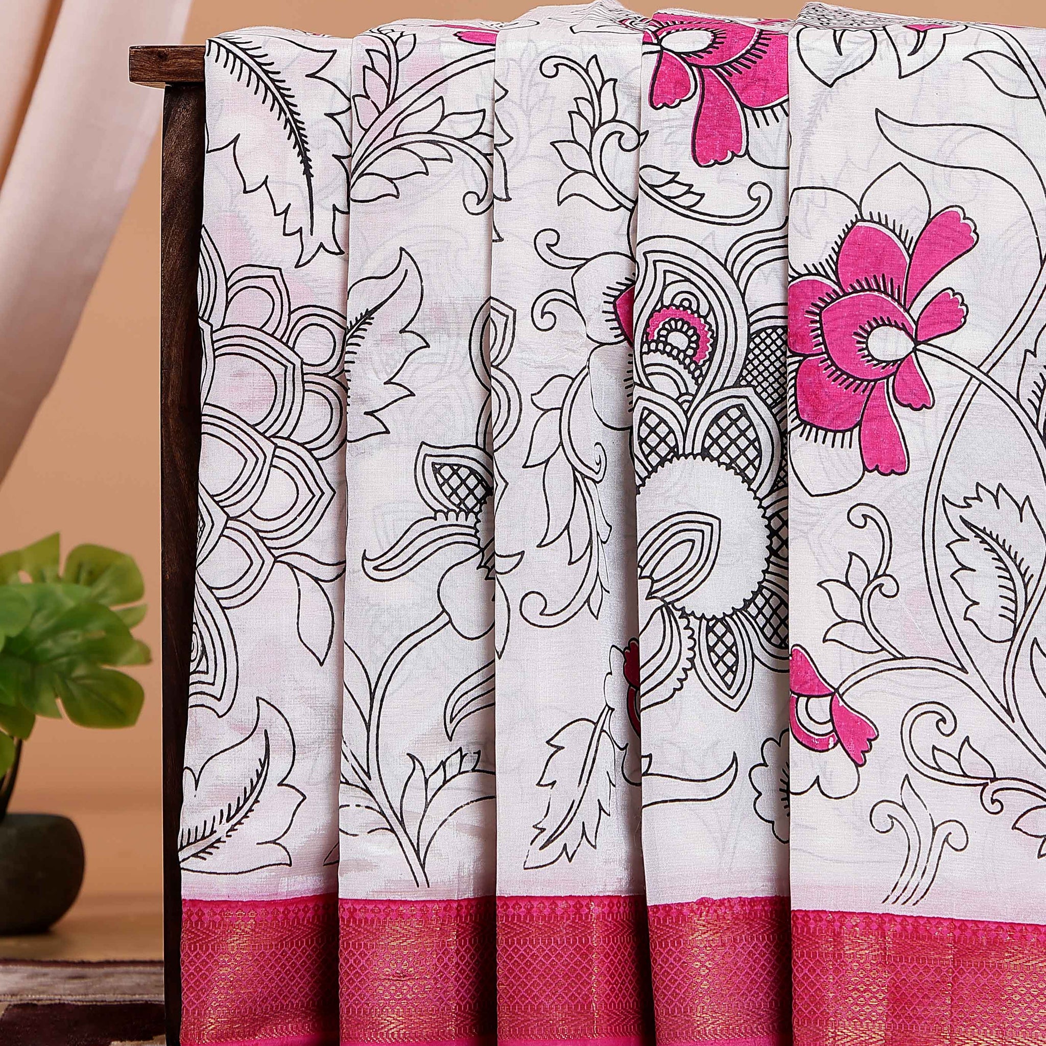 Elegant Mangalagiri Semi Chanderi Saree with Kalamkari-Inspired Floral Motifs and a Contrast Zari Border  - White 
