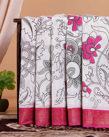 Elegant Mangalagiri Semi Chanderi Saree with Kalamkari-Inspired Floral Motifs and a Contrast Zari Border  - White 