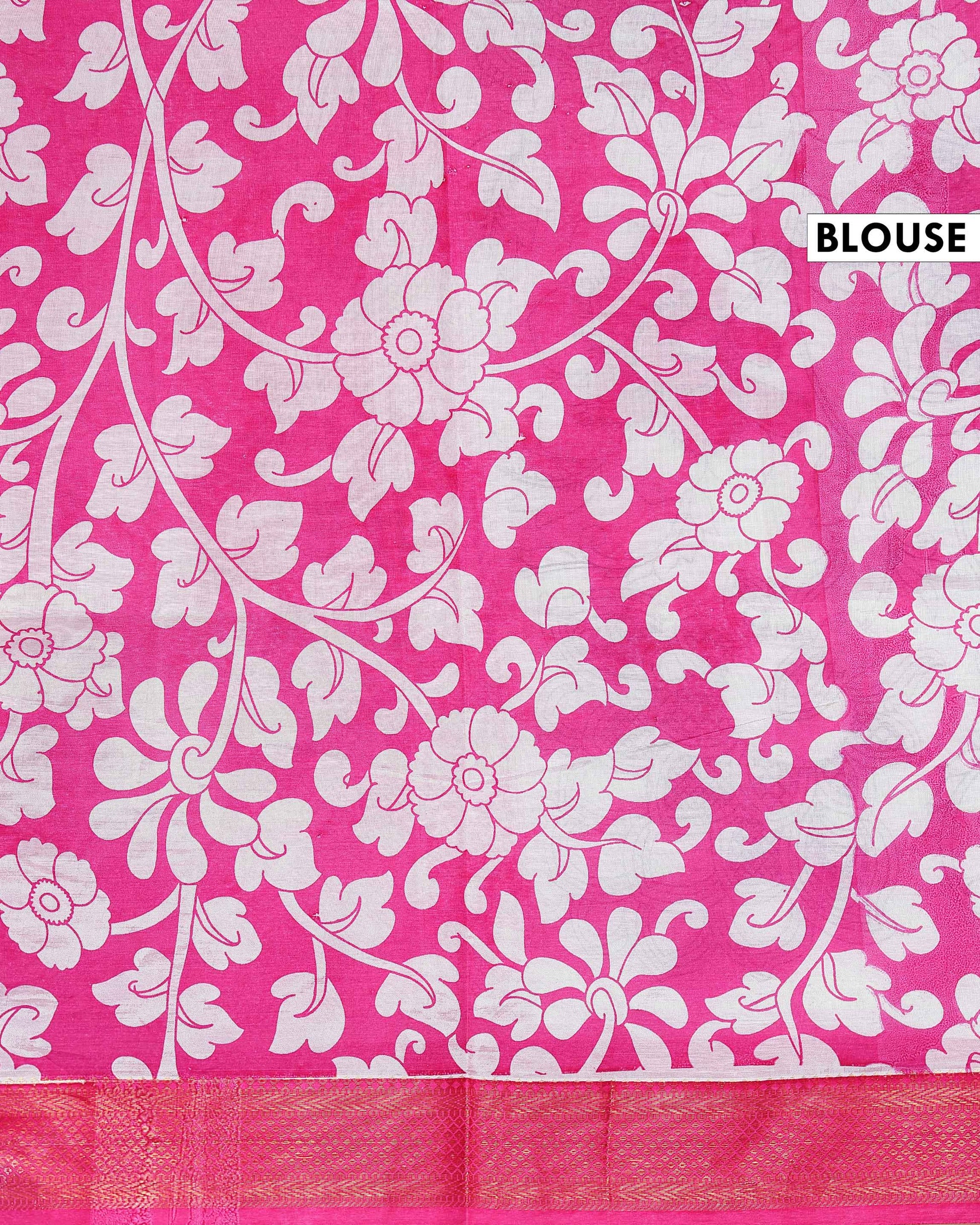 Elegant Mangalagiri Semi Chanderi Saree with Kalamkari-Inspired Floral Motifs and a Contrast Zari Border  - White 