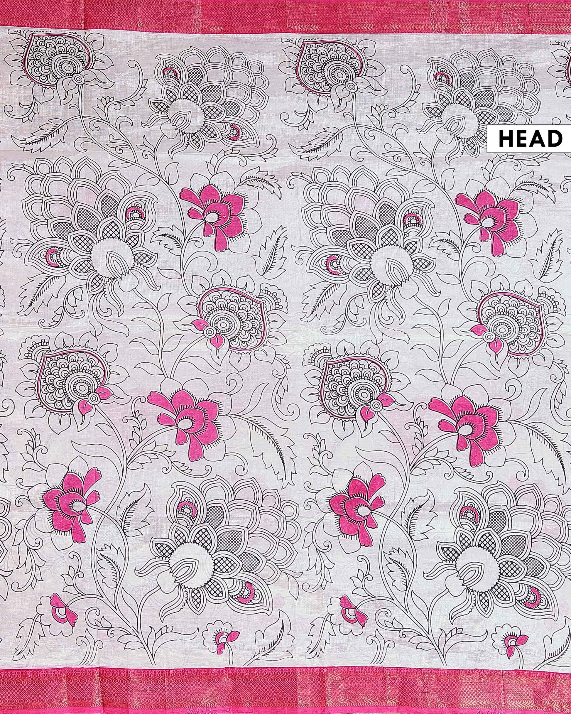 Elegant Mangalagiri Semi Chanderi Saree with Kalamkari-Inspired Floral Motifs and a Contrast Zari Border  - White 