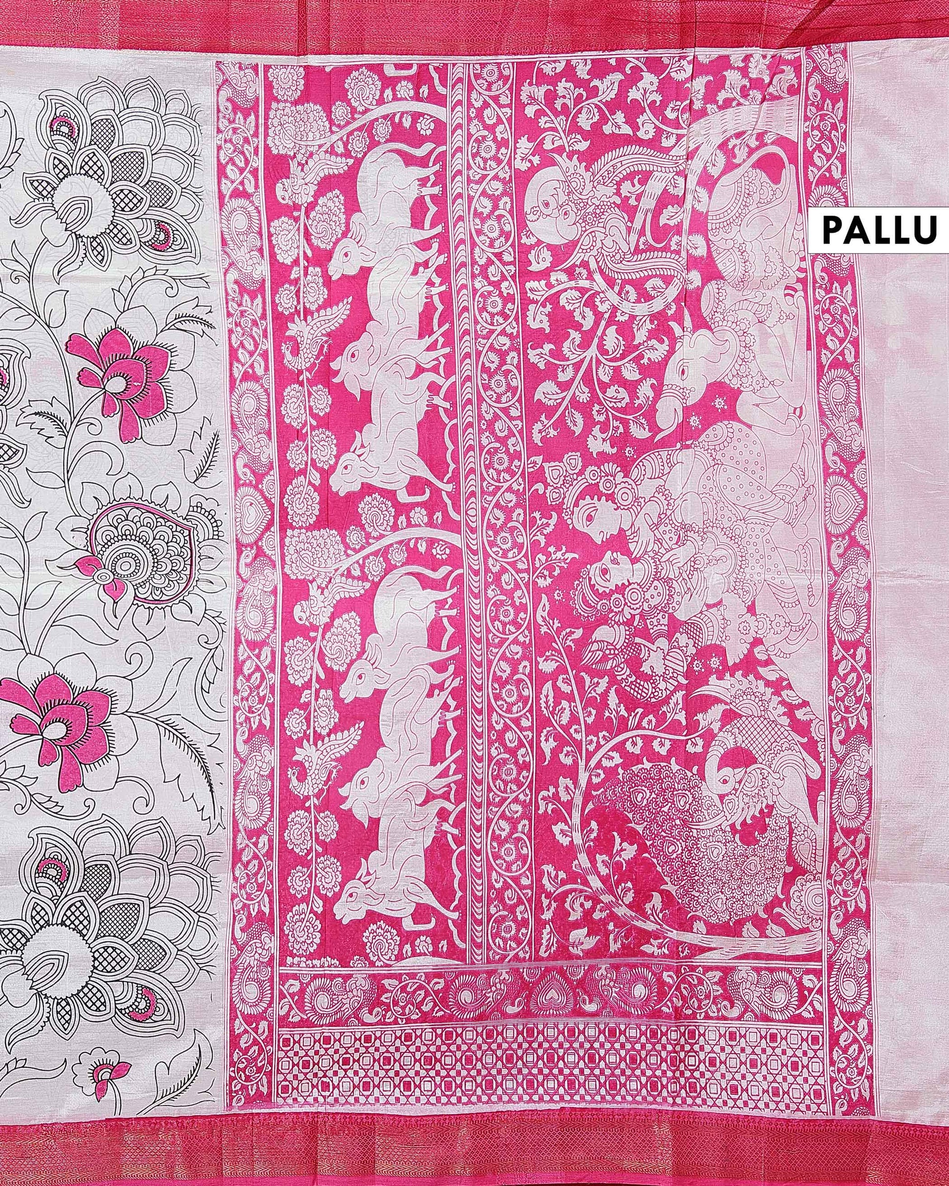 Elegant Mangalagiri Semi Chanderi Saree with Kalamkari-Inspired Floral Motifs and a Contrast Zari Border  - White 