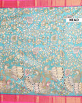 Elegant Mangalagiri Semi Silk Saree with Hand-painted Kalamkari Floral Motifs - Blue-Head
